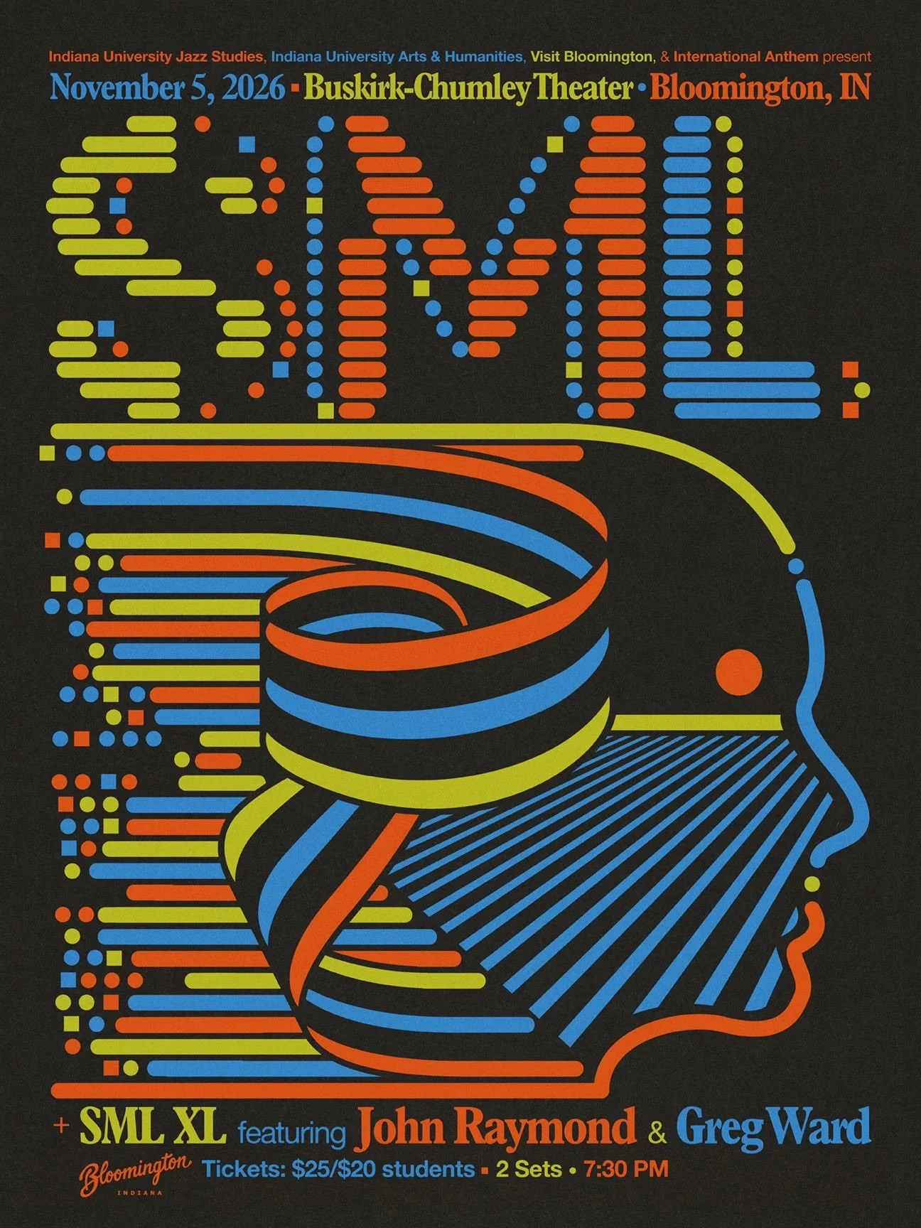 @sml.band plays Bloomington, Indiana, Thursday November 5 !! Enjoy two sets from the mesmerizing quintet, one in XL formation w/ guests @johnraymondmusic &amp; @fittedphonic .

While you&rsquo;re at the Buskirk-Chumley Theater, pick up one of these s