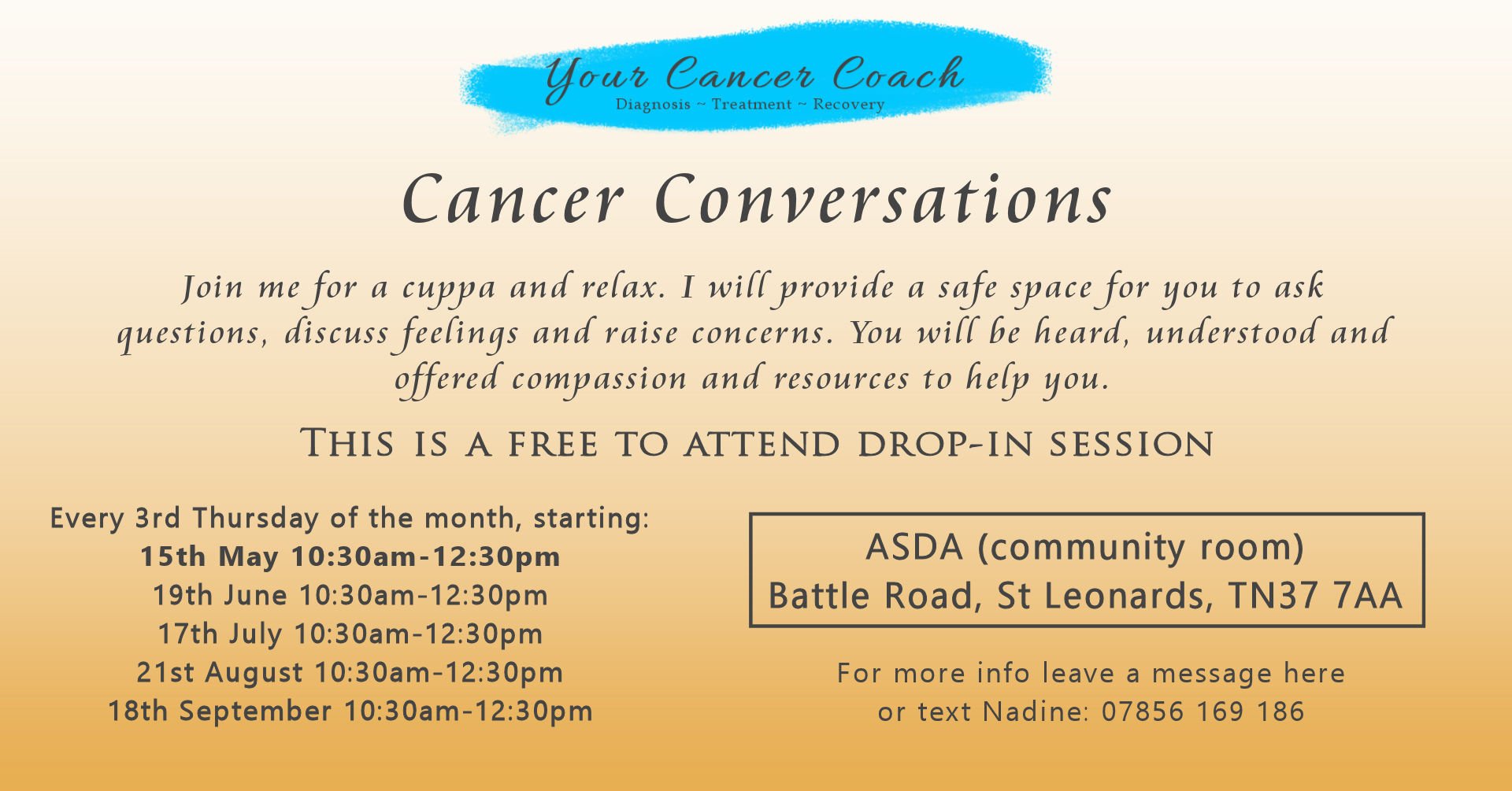 Our very first drop in session at Asda St.Leonards is two days away 
I'd love to know if you will be joining us 

When you arrive to join us for these sessions. We will be greeted and shown directly to the Community Room 

Please be sure to arrive at