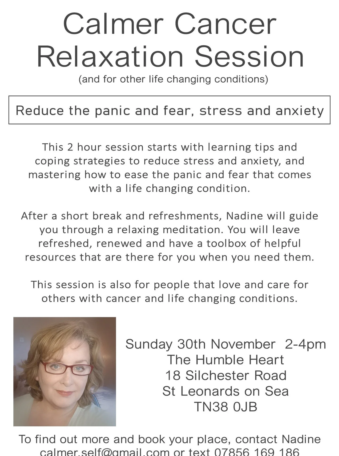 Places are getting booked up for this so please do get in touch if you would like to join us.
We are keeping the numbers small to ensure everyone gets the best experience.
Comment here or send me an email to ensure you don't miss out
calmer.self@gmai