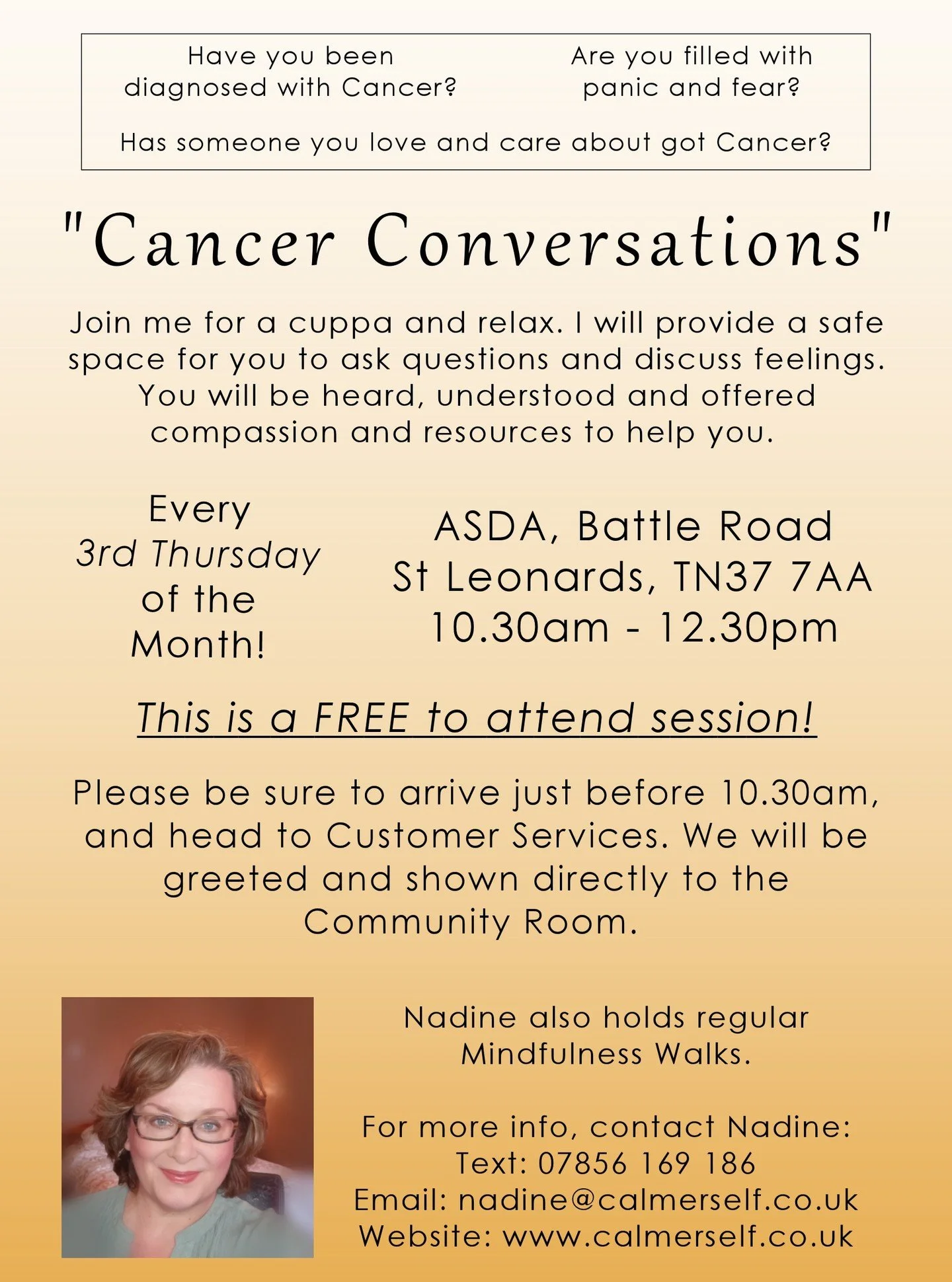I've had a few enquiries about the upcoming 'Cancer Conversations' drop in/support group on Thursday the 15th Jan 2026 at @Asda St.Leonards starting at 10.30am.

We welcome....
❣️...anyone who has had a cancer diagnosis......however long ago.
❣️...an