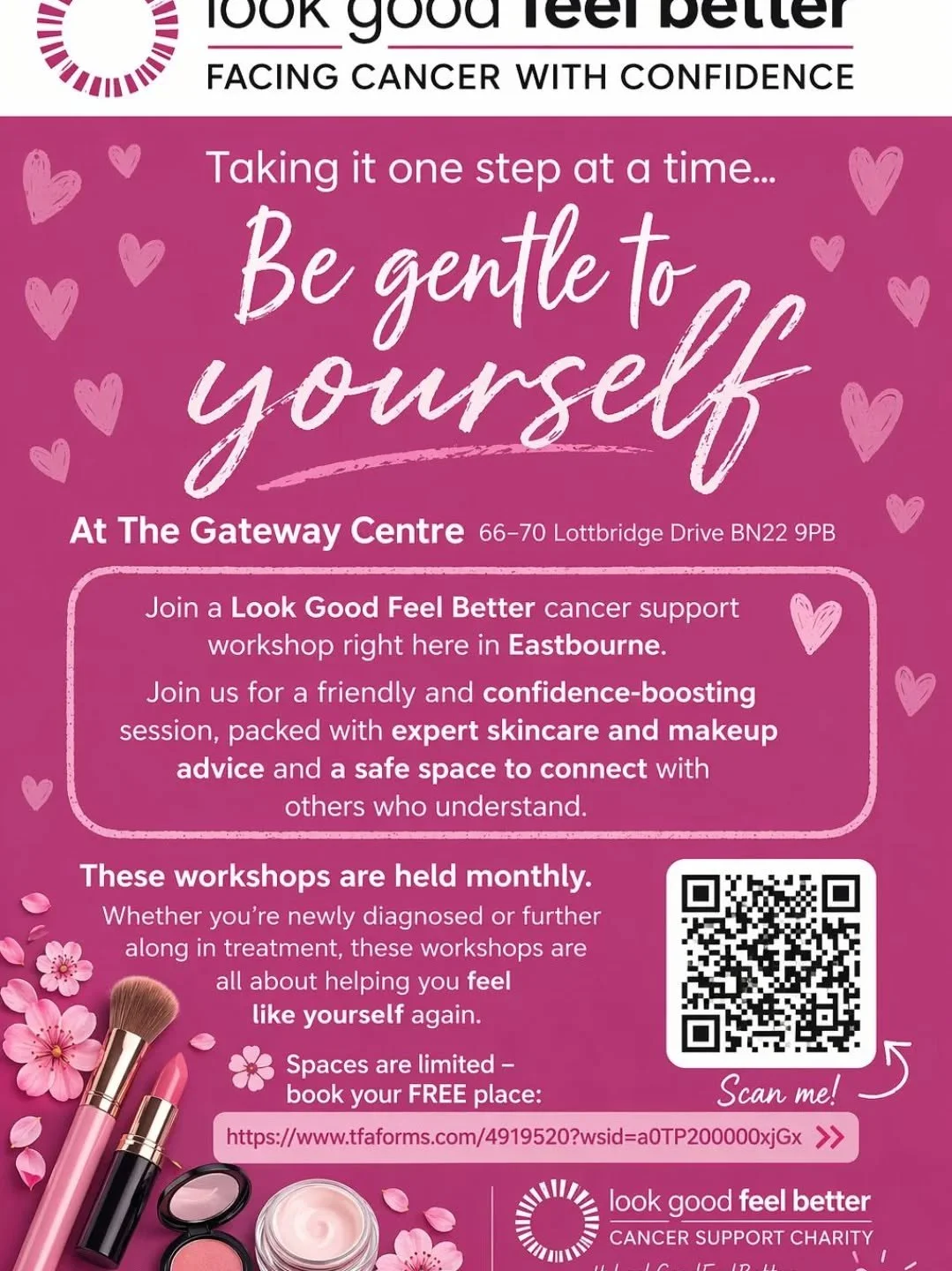 We are looking forward to welcoming you to our next Skincare and Make-up workshop in Eastbourne on the 28th April at 10.30am
Click the link below to secure your place
@lgfbuk

Book a Workshop - Look Good Feel Better : Look Good Feel Better https://sh