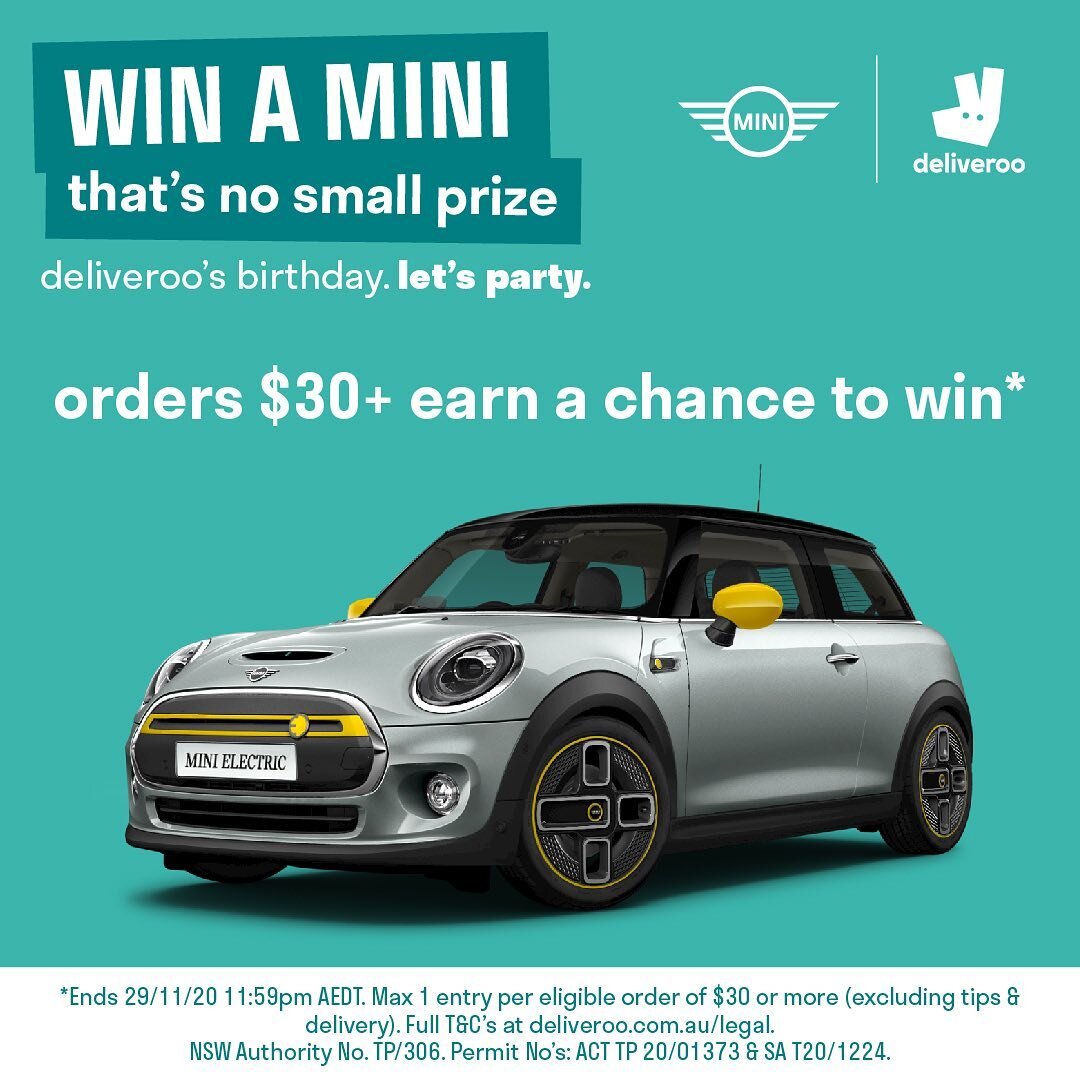 Place an order $30 or more on Deliveroo and take a spin of our party wheel for your chance to win thousands of tasty instant prizes. Plus, every time you spin you go in the draw to win a MINI ELECTRIC HATCH. T&amp;Cs apply. #eatspinwin