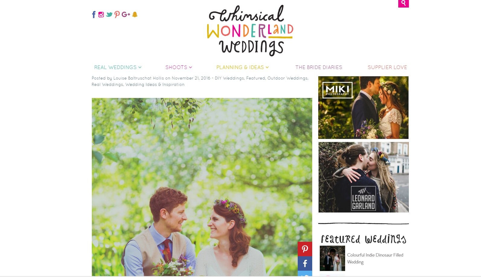 Colourful woodland wedding featured on Whimiscal Wonderland Weddings.