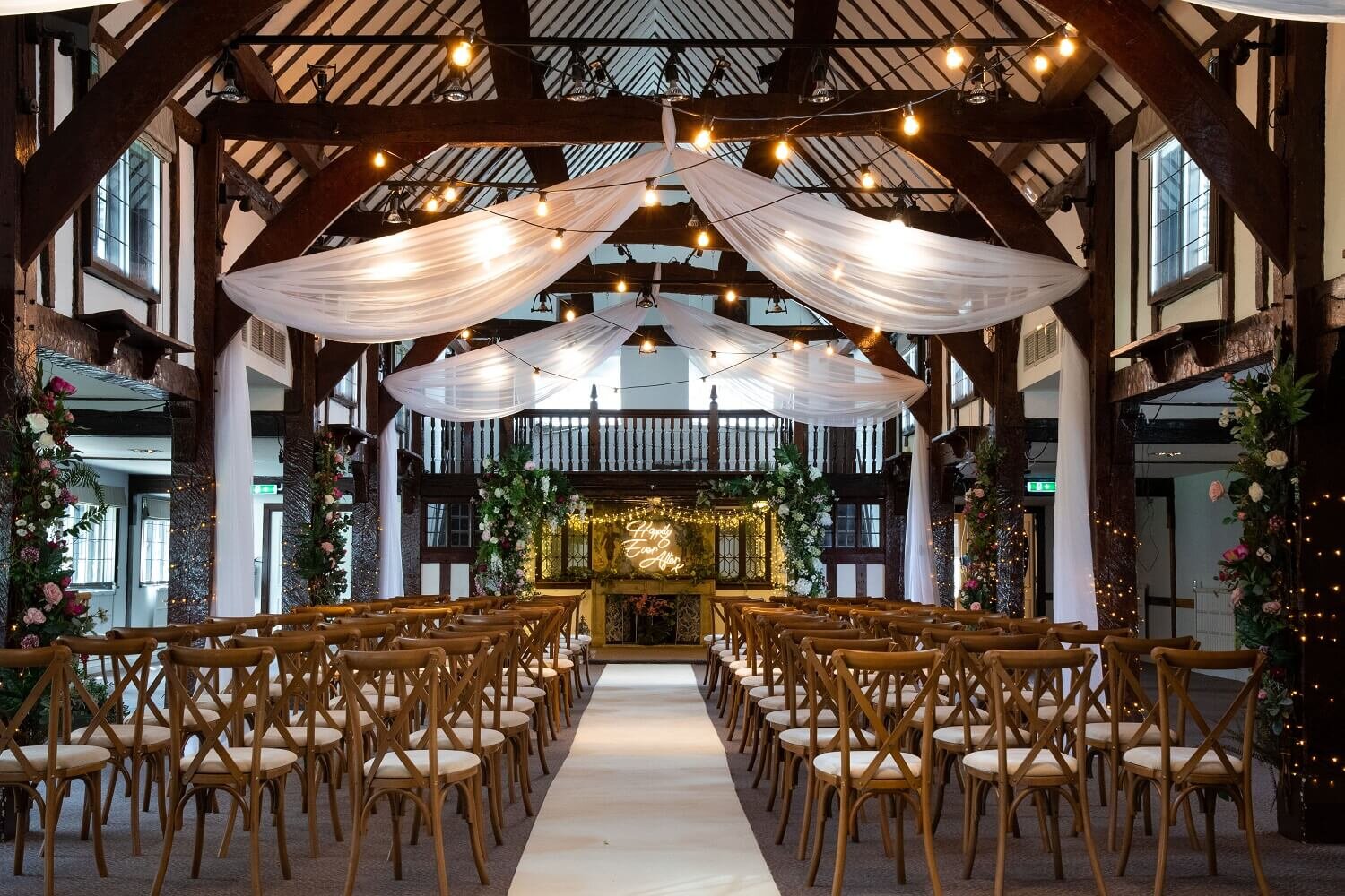 barn wedding draping with festoons burford bridge surrey wedding and event drapes draping ceiling installation in sussex, surrey, kent and hampshire