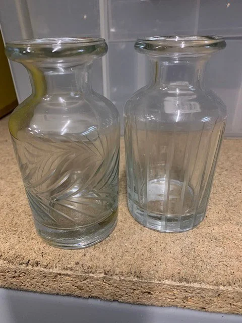 Vintage Etched Mini Vases with leaf and vertical line patterns, available to hire for your wedding or event.