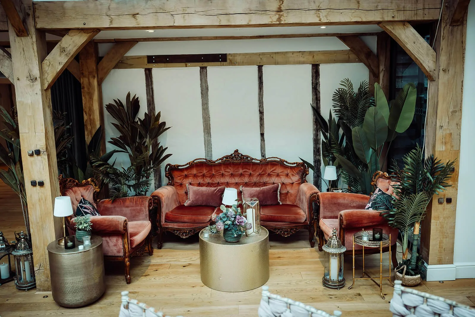 Heritage Collection - Rosewood (Antique Pink) - Deluxe Lounge Furniture Setup featuring antique pink velvet sofa and armchairs with gold coffee table, available to hire for your wedding or event.