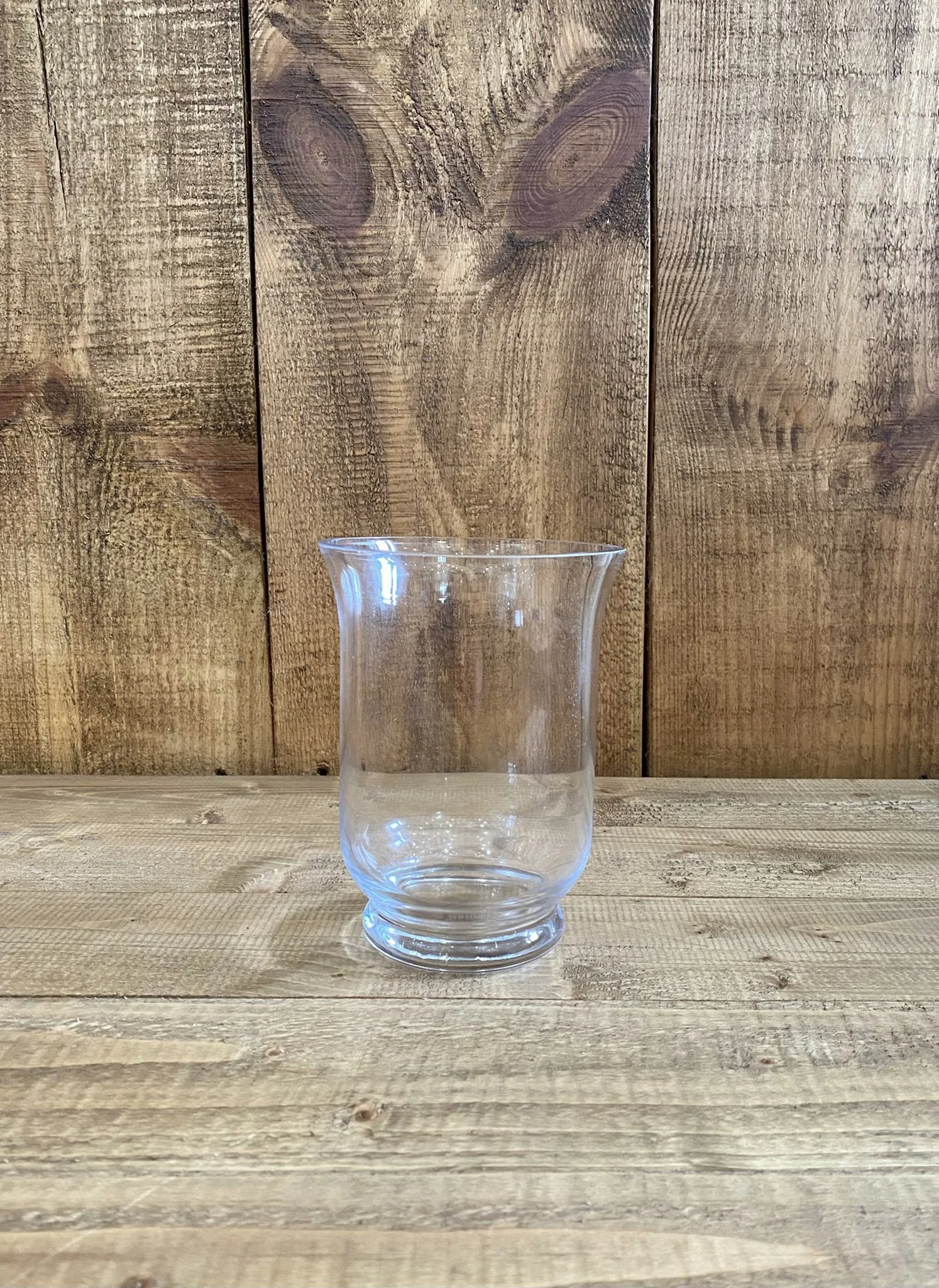Hurricane Vase - Small - 19.5cm clear glass vase with flared rim, available to hire for your wedding or event.
