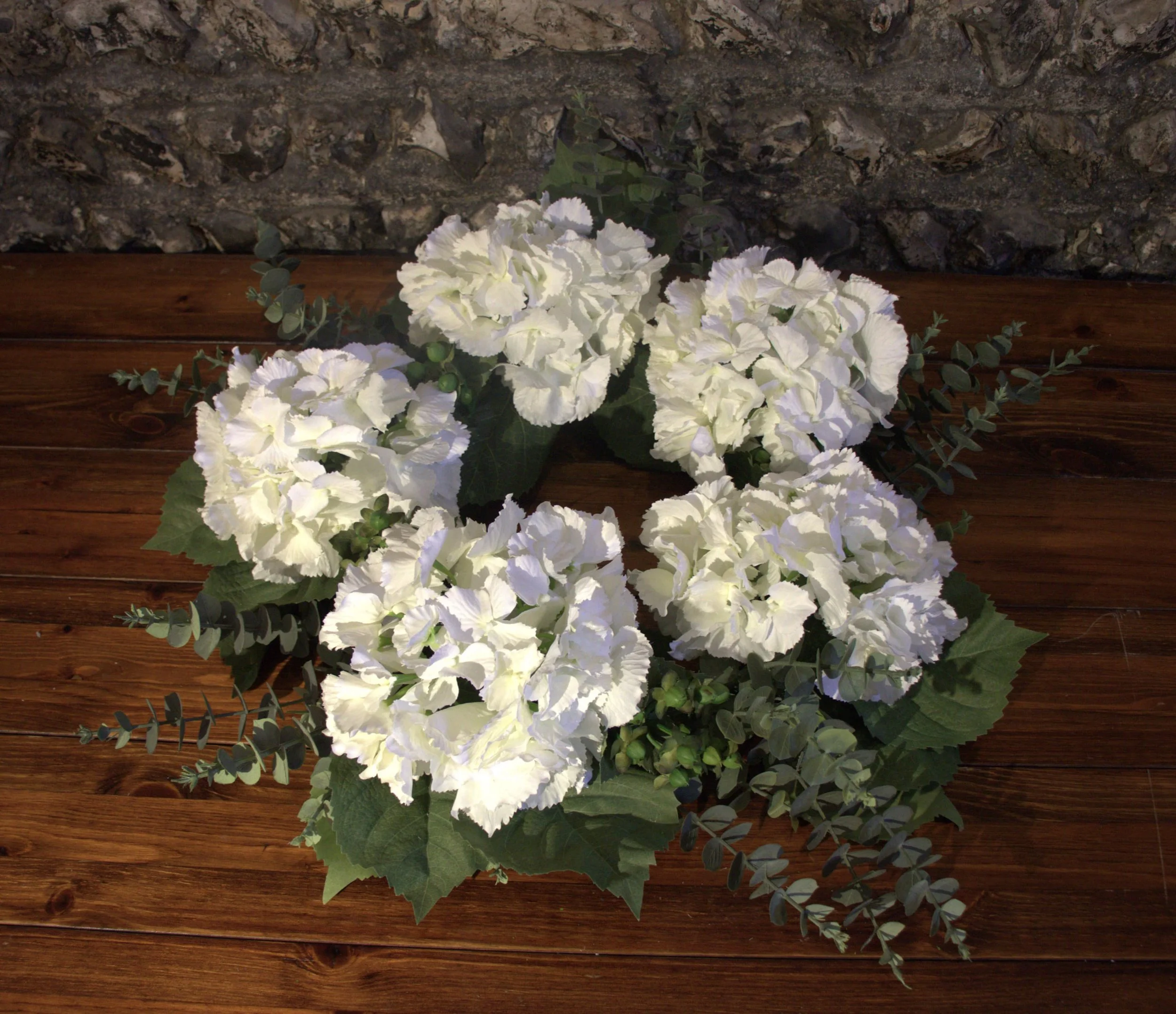 Hydrangea Faux Flower large Wreath with white blooms and green foliage, available to hire for your wedding or event.