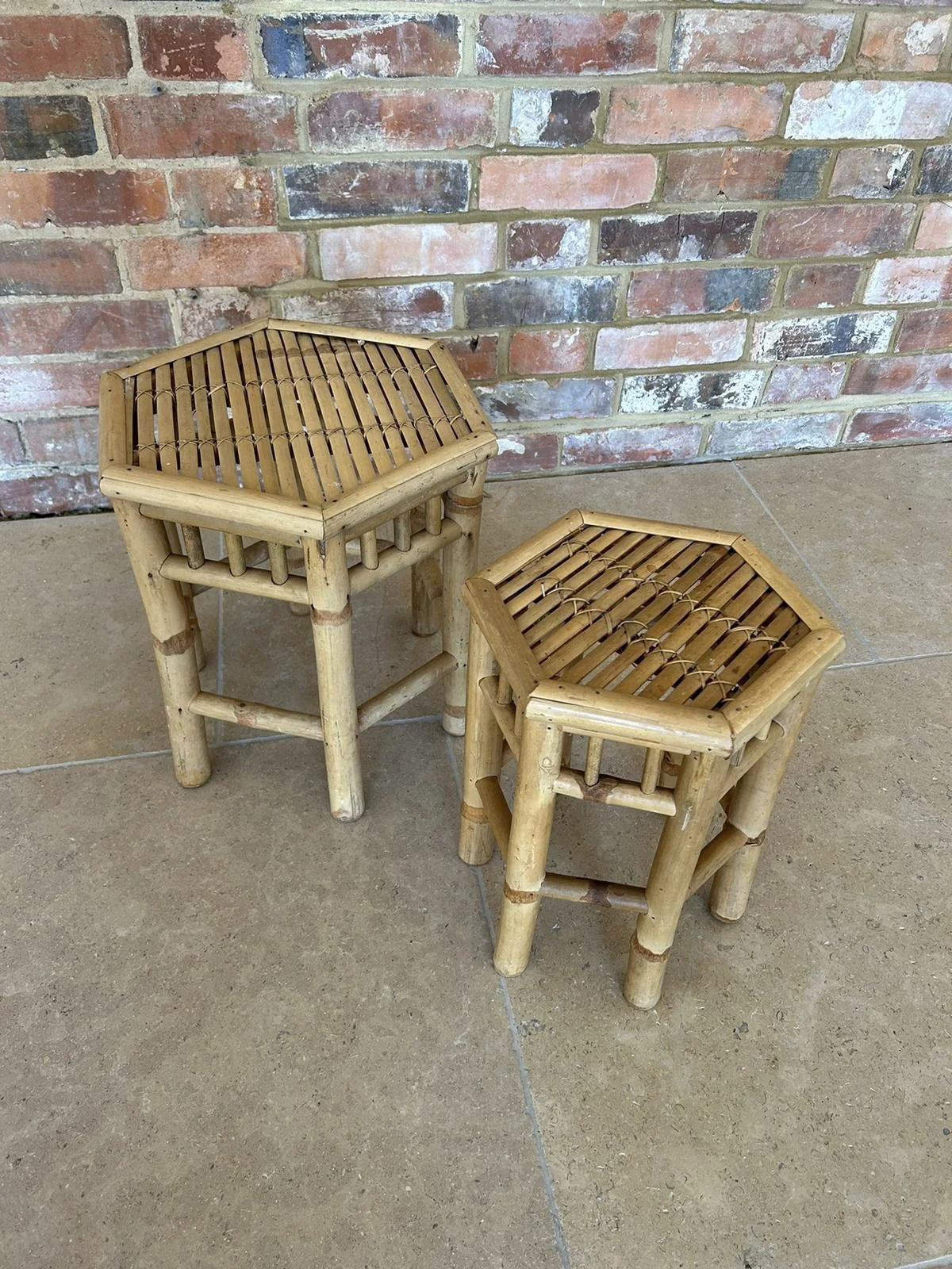 Bamboo Hexagonal Side Tables x 2 shown as two different height hexagonal bamboo side tables available to hire for your wedding or event.