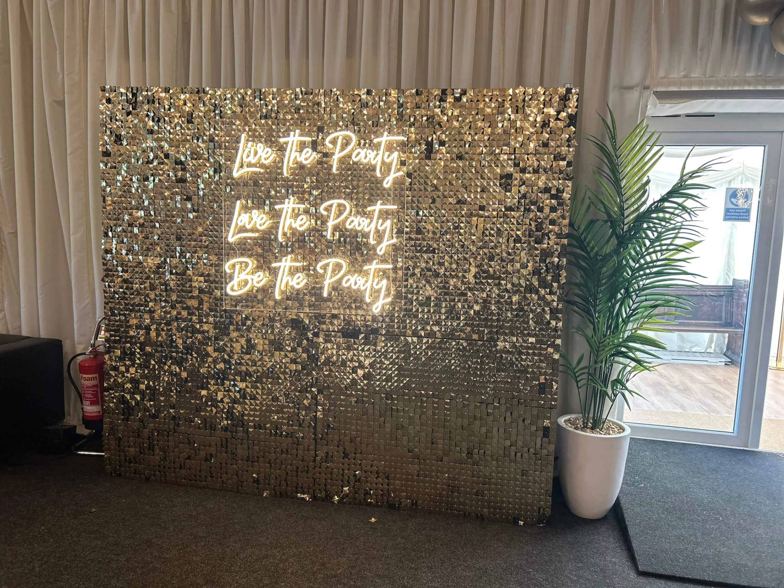 Sequin Wall - Gold - 8ft x 8ft with reflective gold sequins, available to hire for your wedding or event.