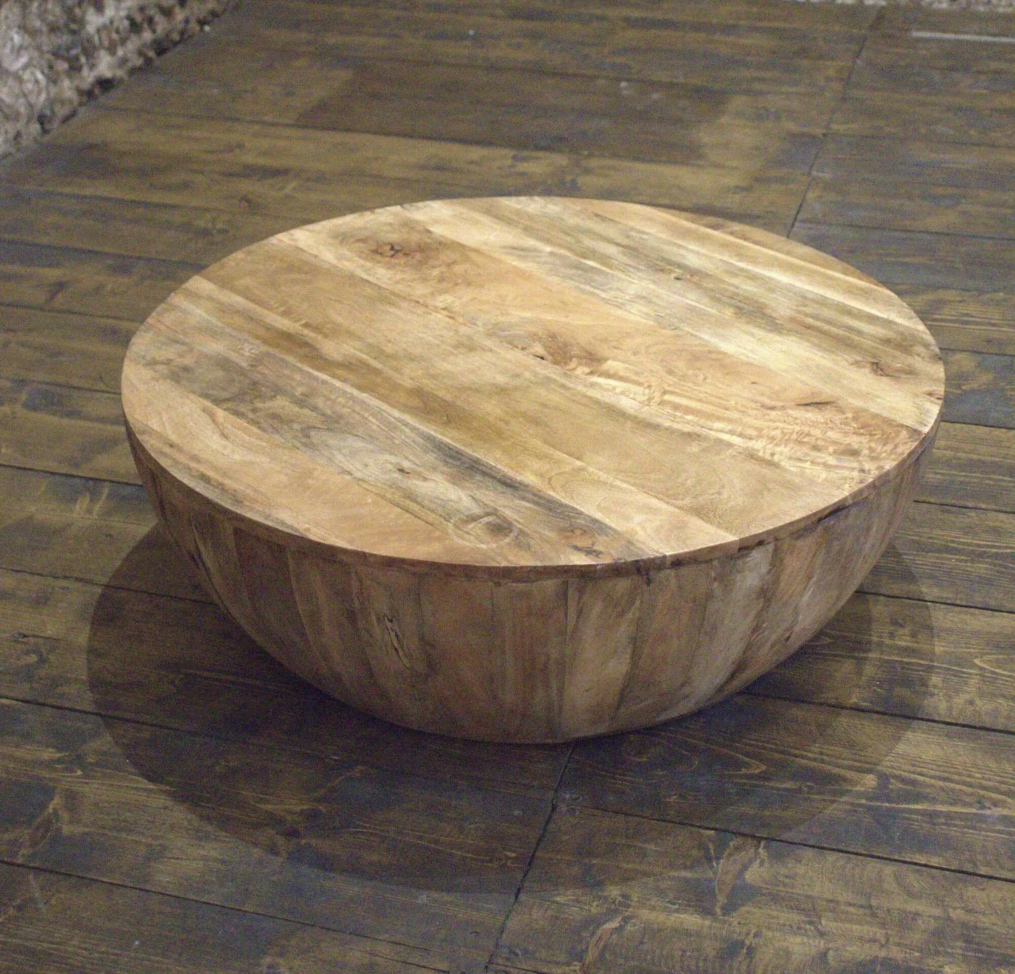 Rustic Round Coffee Table with natural wood grain finish, available to hire for your wedding or event.