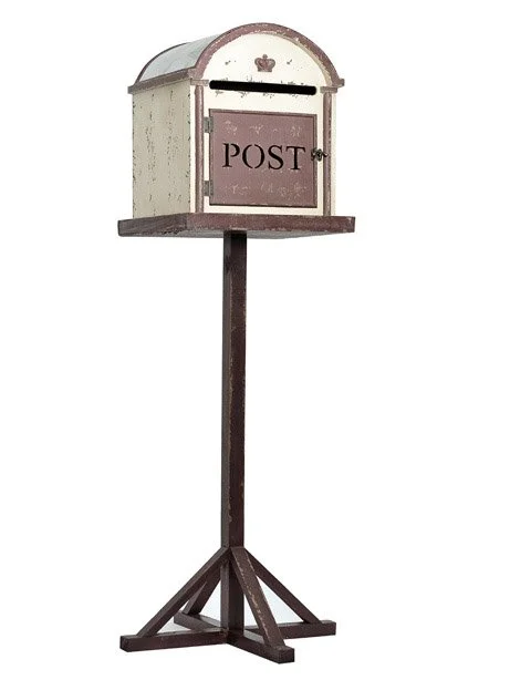 Rustic Cream Post Box with curved top on wooden stand, available to hire for your wedding or event.