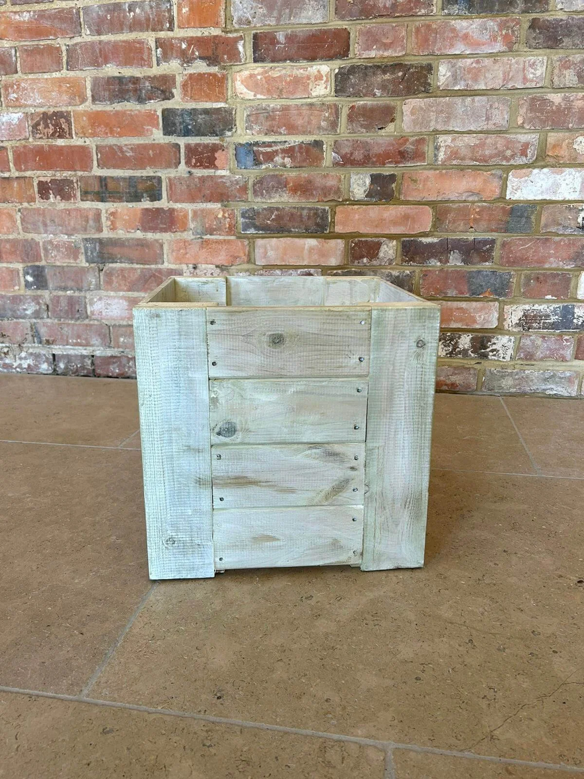 Whitewashed Rustic Planter - 35cm x 35cm, square wooden planter with rustic whitewashed finish, available to hire for your wedding or event.