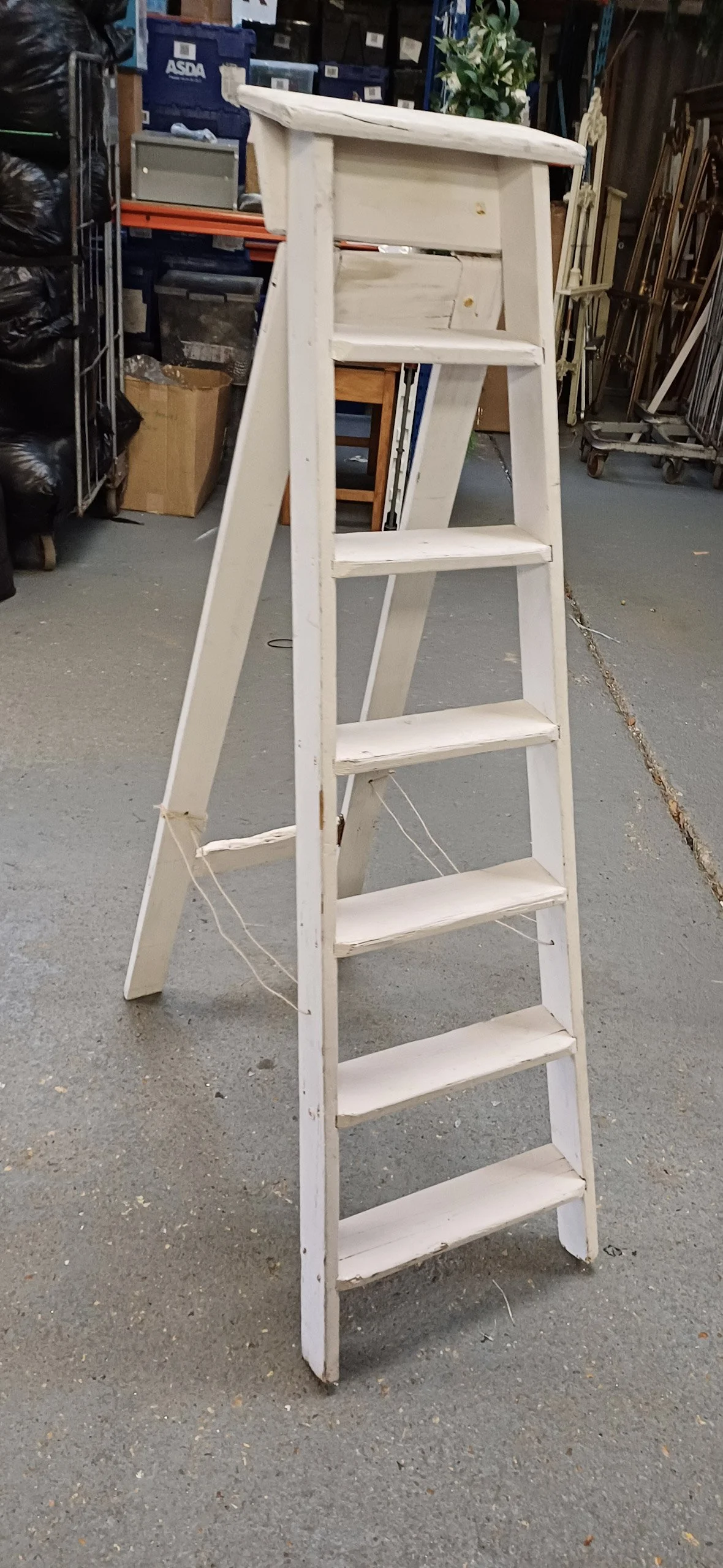 Step Ladder - Large - Cream wooden step ladder with six steps, available to hire for your wedding or event.
