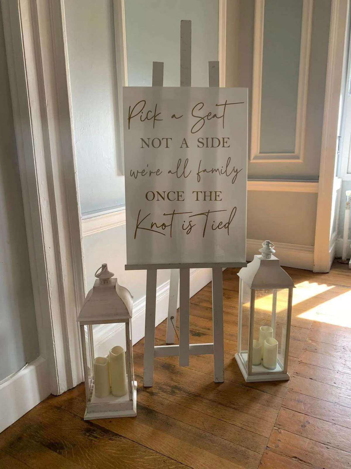 Pick A Seat Sign - White Perspex - Gold Writing
