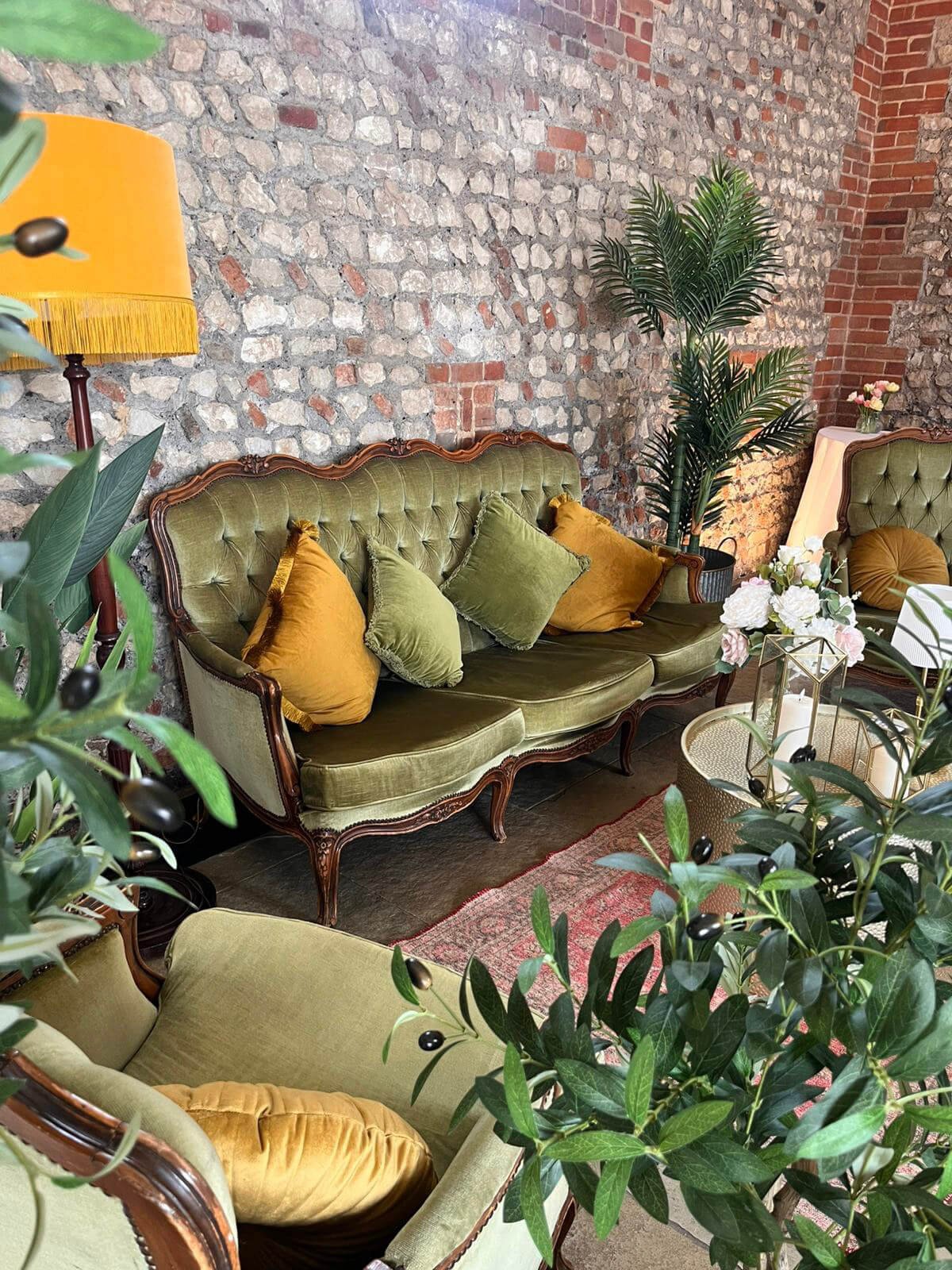 Heritage Collection - Verdant (Antique Green) - Deluxe Lounge Furniture Setup featuring antique green velvet seating with mustard and green cushions, available to hire for your wedding or event.