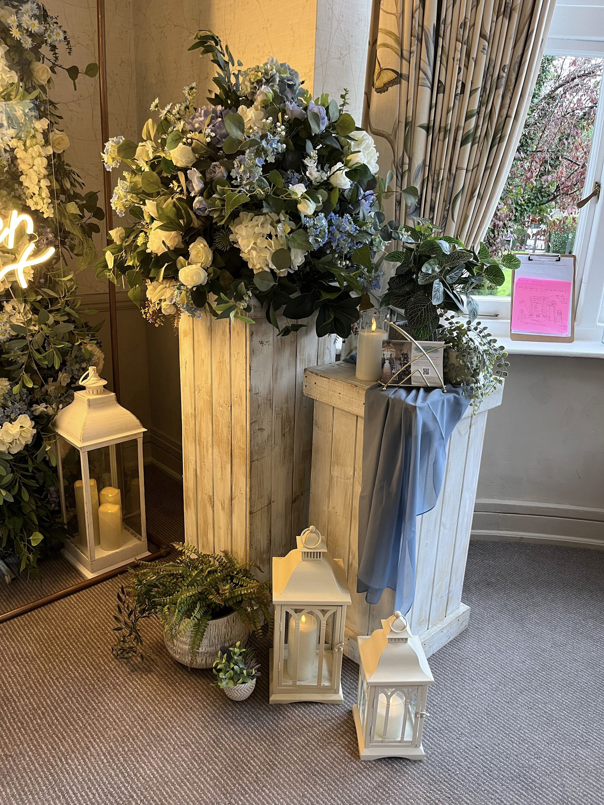 Rustic Plinth Stand - White - Medium - 80cm x 38cm with floral arrangement and lanterns, available to hire for your wedding or event