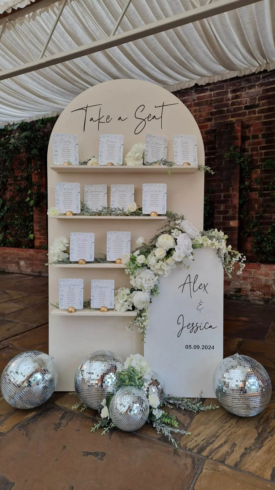 Freestanding Arch Tableplan with wording - Decor to match theme including florals