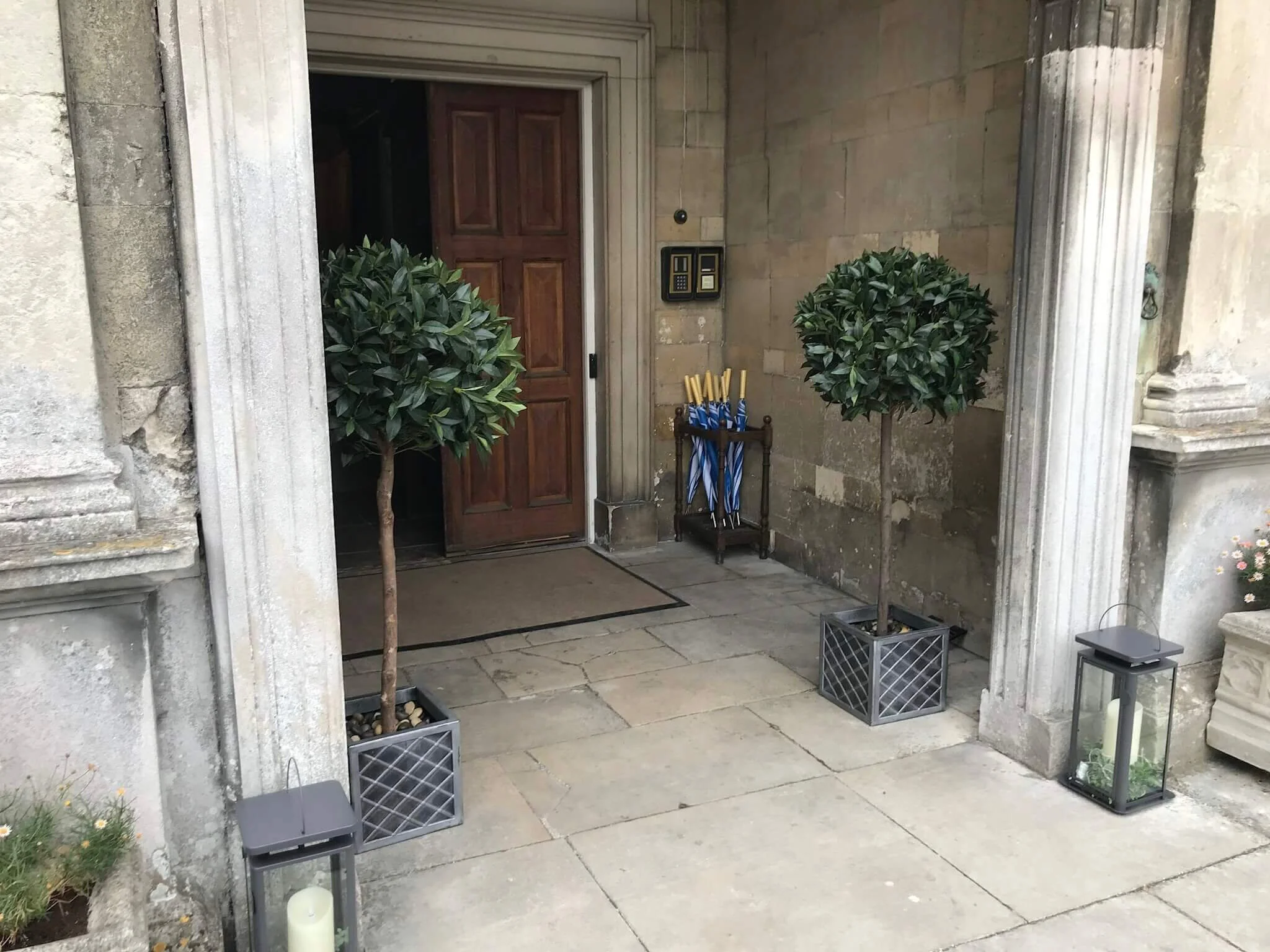 Bay Trees - Pair with green foliage in square metal planters, available to hire for your wedding or event, placed by a wooden door in a stone archway.