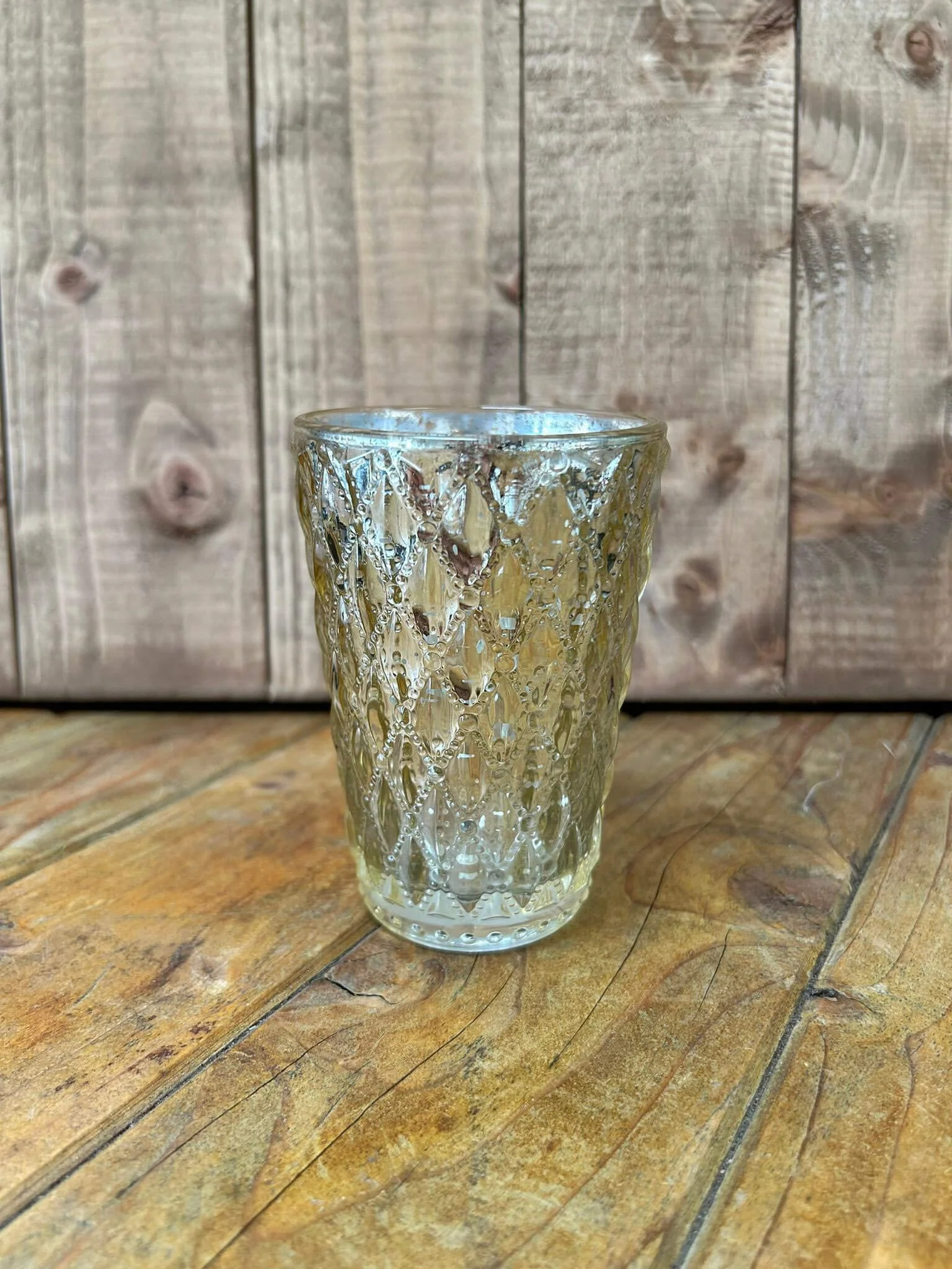 Gold Luxe Tealight - Tall - 11cm with textured diamond pattern, available to hire for your wedding or event.