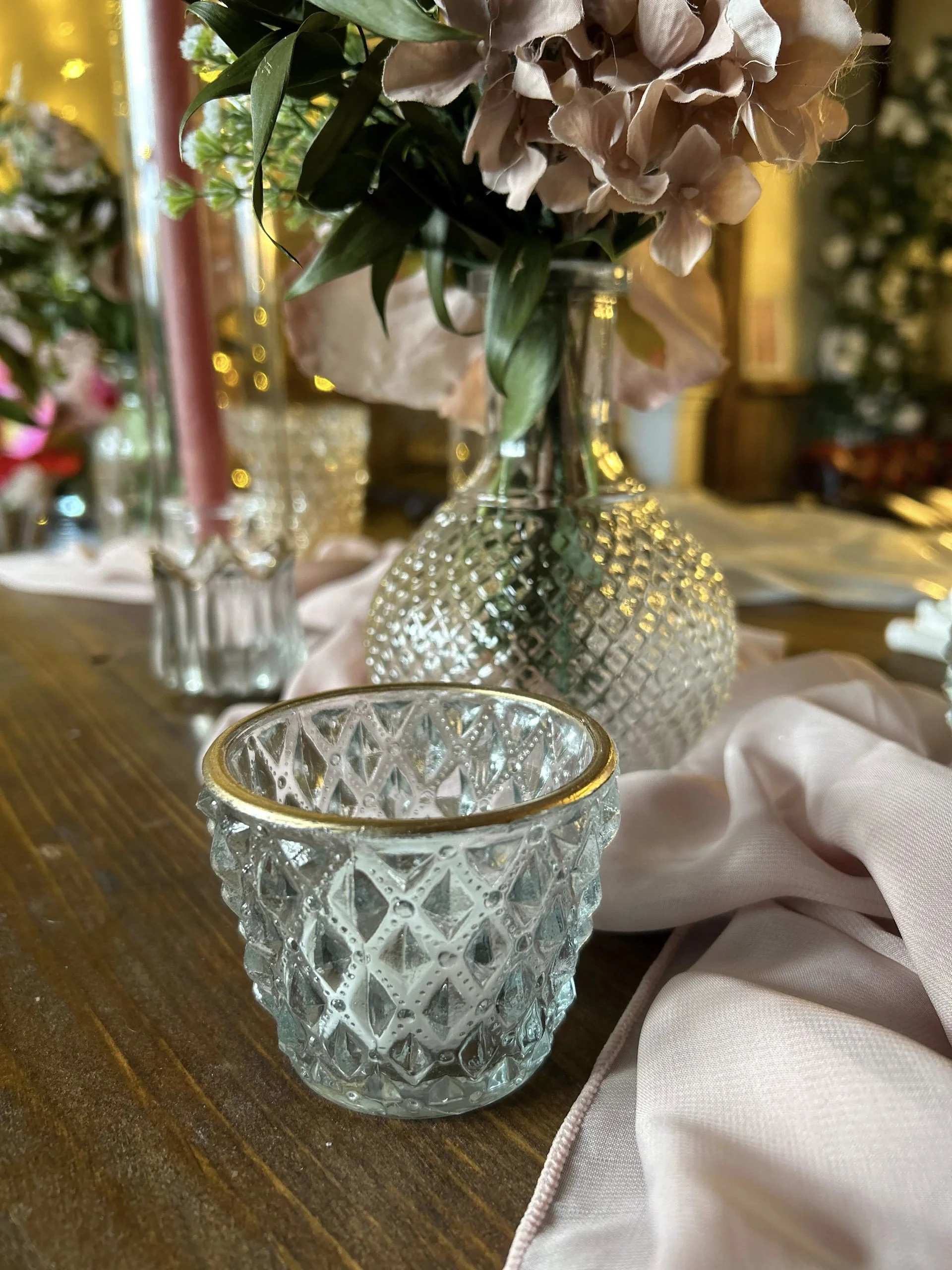 Pressed Diamond Gold Rim Tealight - events and wedding hire Sussex, Surrey, Kent and Hampshire
