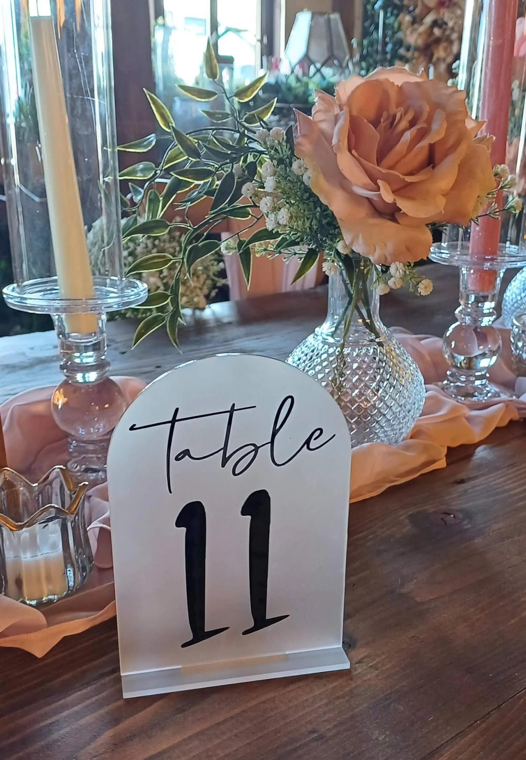 Arched perspex table number - Frosted with black writing. Numbers 1 to 15