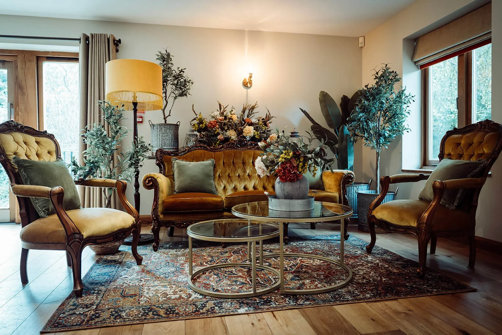 Heritage Collection - Gilded (Antique Gold) - Lounge Chair in mustard velvet with carved wood, available to hire for your wedding or event.