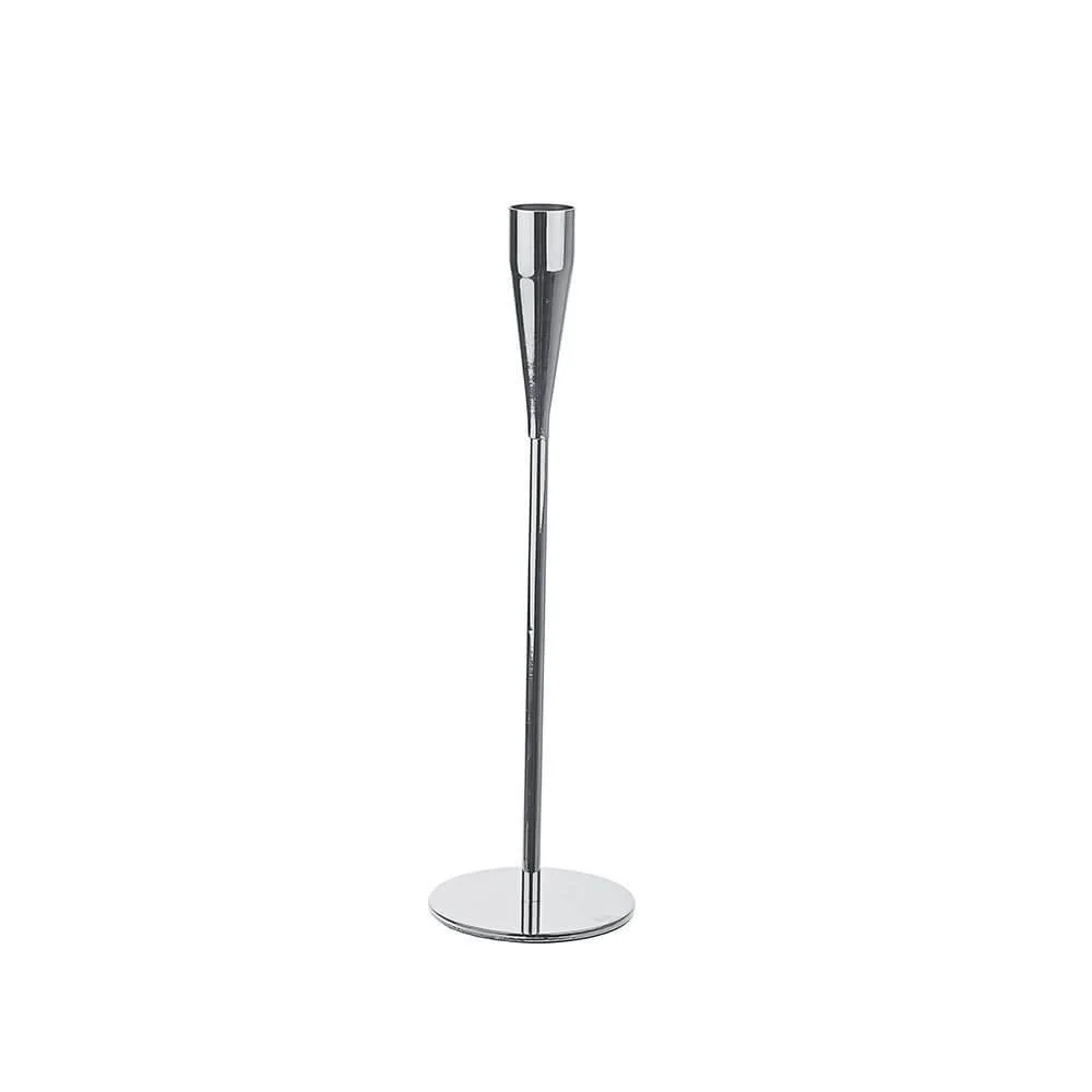 Tapered candlestick - Silver - Medium 27cm with a round base and slim stem, available to hire for your wedding or event.