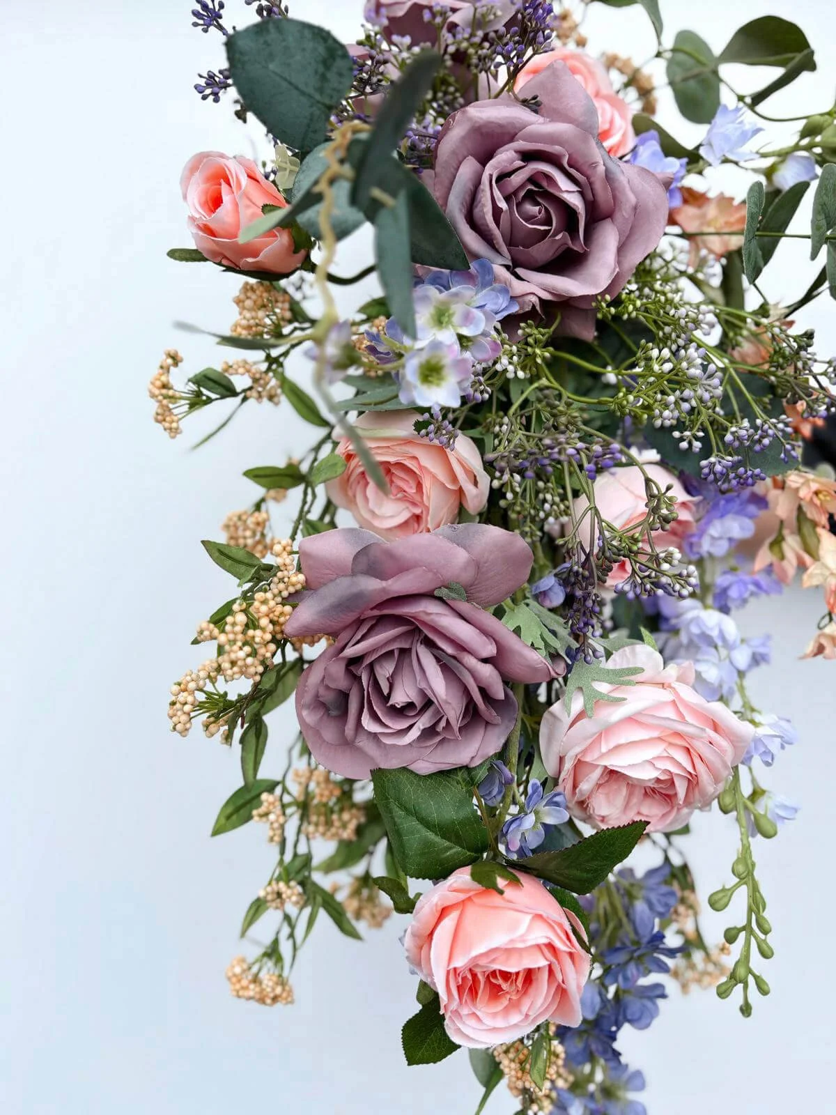 Faux Florals - Faux brides bouquet waterfall style TO KEEP.. with mauve and peach roses, purple and cream fillers, available to hire for your wedding or event.
