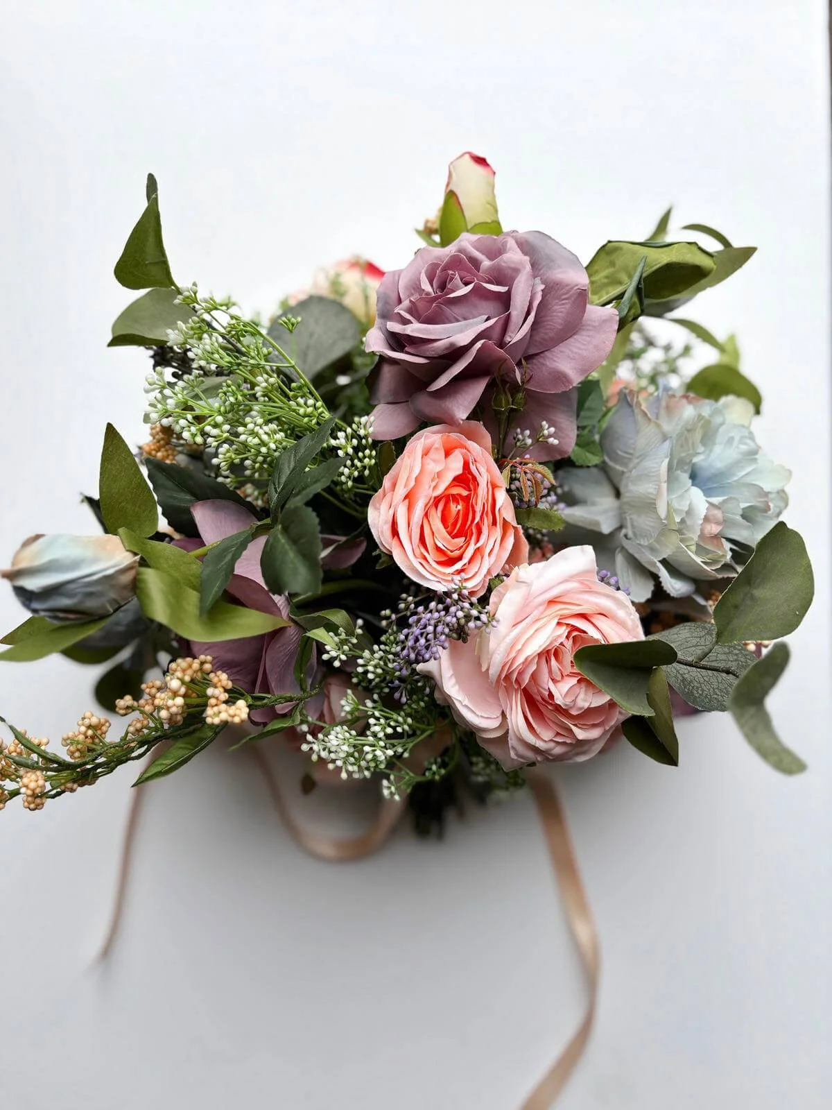 Faux Florals - Faux brides handtied bouquet TO KEEP. styled as Faux Florals - Faux brides handtied bouquet TO KEEP with dusty pink, peach, and cream roses and greenery, available to hire for your