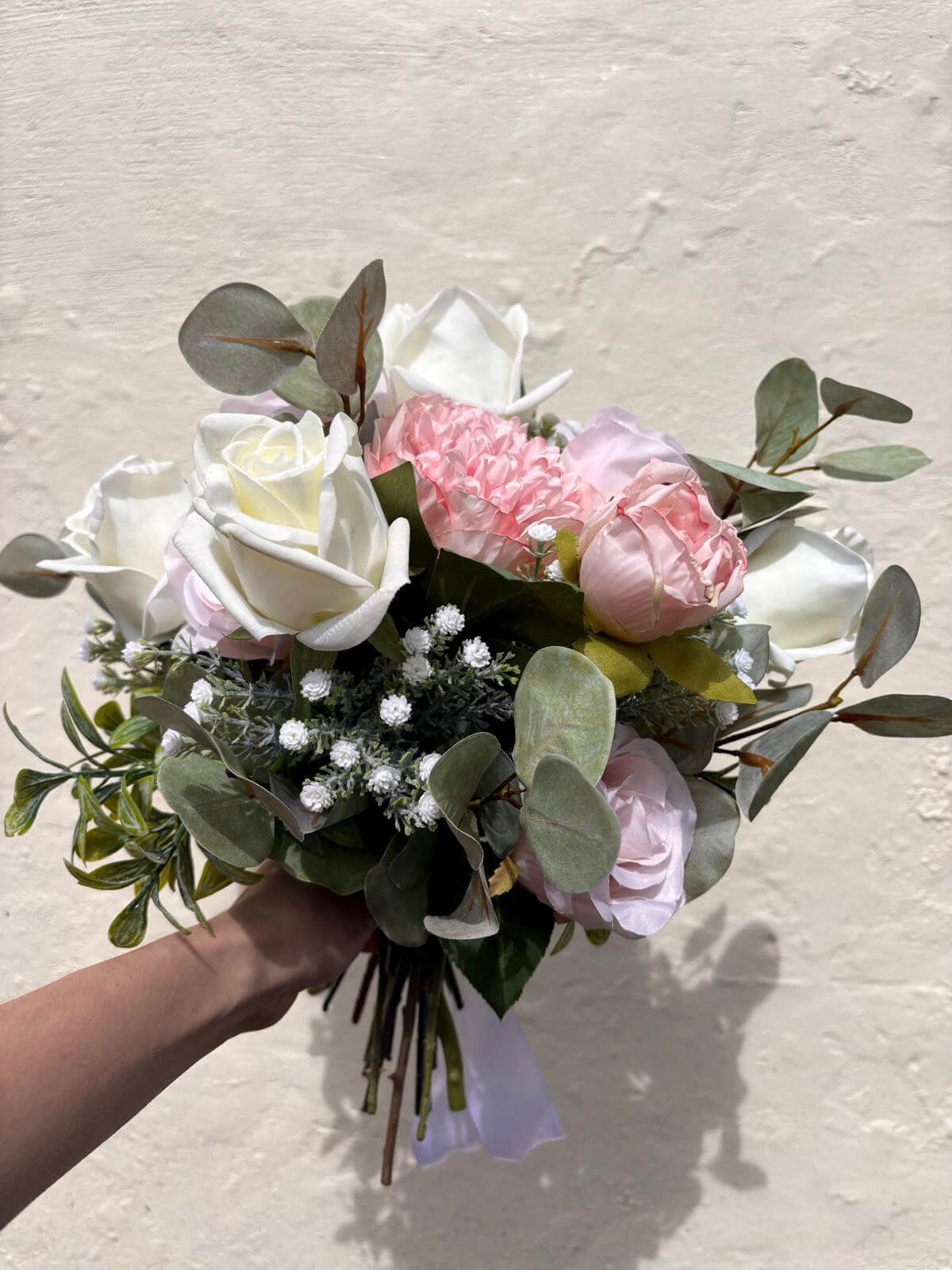 Faux Florals - Faux Floral Bridesmaids Handtied Bouquet TO KEEP. styled as Faux Florals - Faux Floral Bridesmaids Handtied Bouquet TO KEEP with white and pale pink blooms and greenery, available to