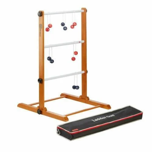 Ladder Golf wooden game set with red and blue bolas, available to hire for your wedding or event.