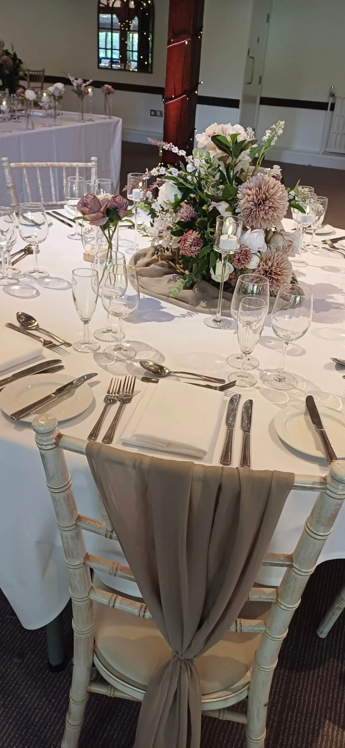 Faux Florals - Floral centrepiece arrangement to sit directly on the table with muted pink and white flowers, available to hire for your wedding or event.