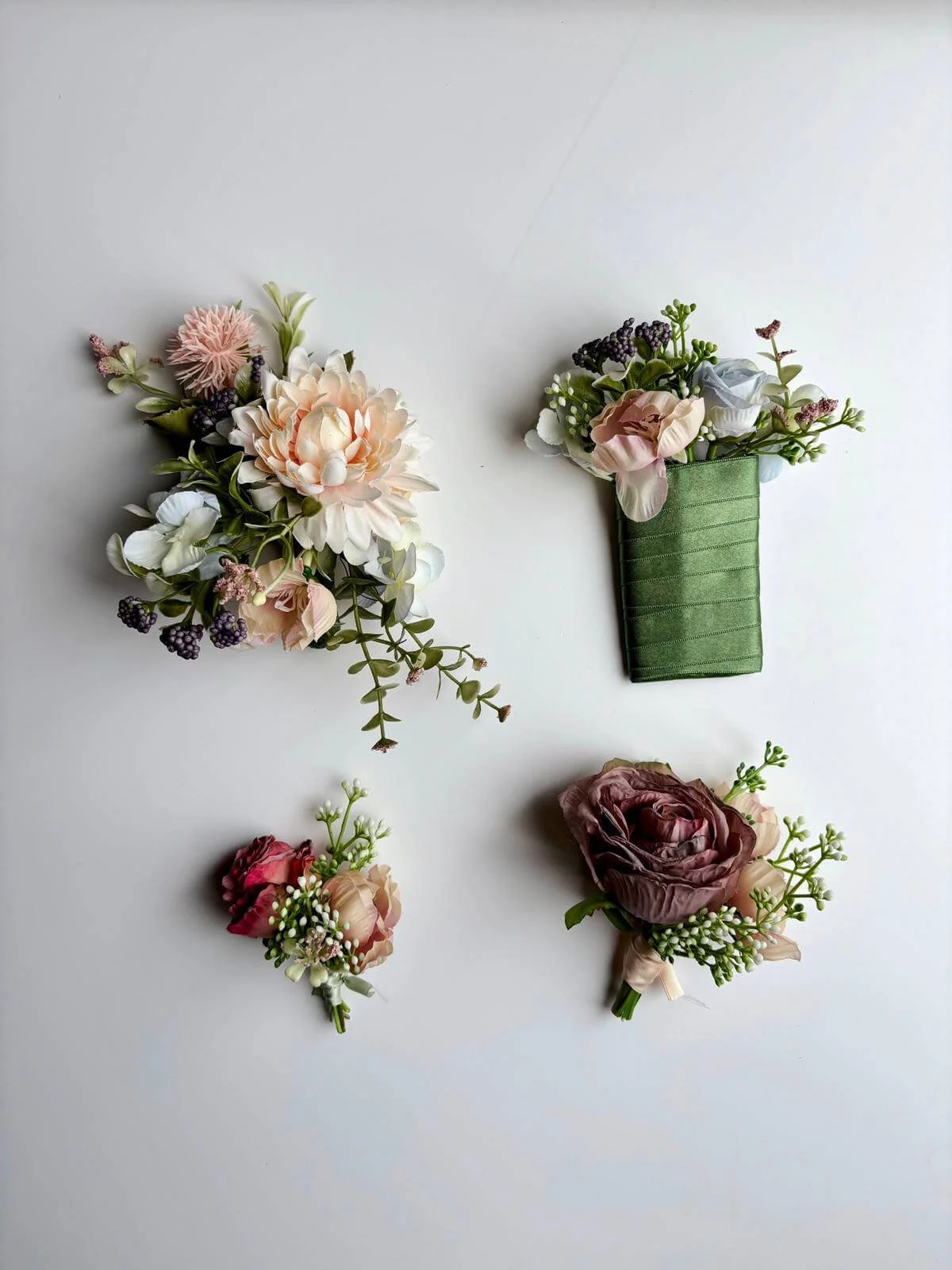 Faux Florals - Page boy small Faux buttonhole TO KEEP with pale pink and cream flowers and greenery, available to hire for your wedding or event.