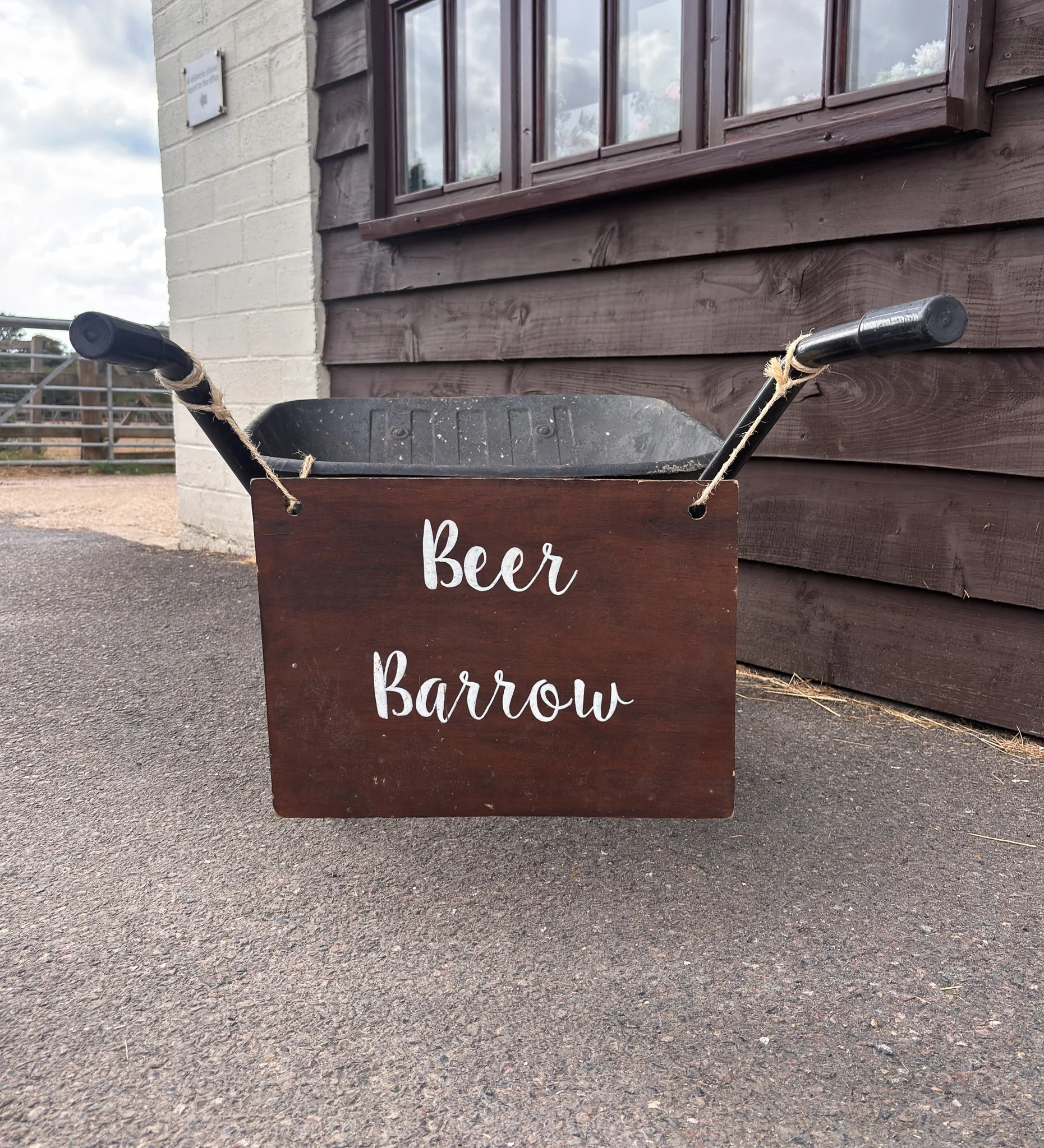 Hire our rustic Beer Barrow sign for weddings and events. Designed to pair perfectly with our Beer Barrow hire for stylish self-serve drinks stations.