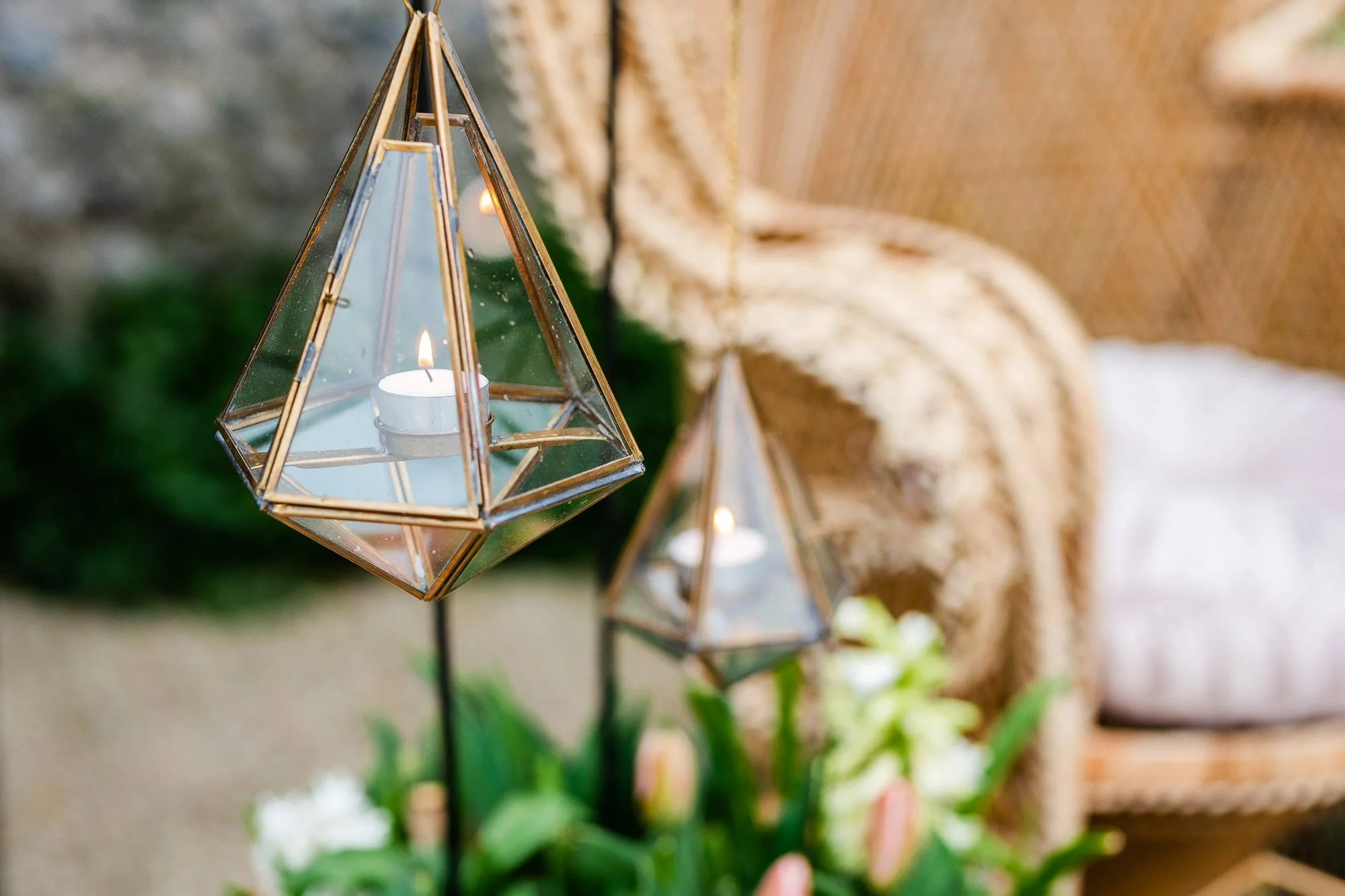 Hire hanging gold terrariums in various sizes for weddings and events. Perfect for candles, florals and greenery, creating elegant geometric venue styling.