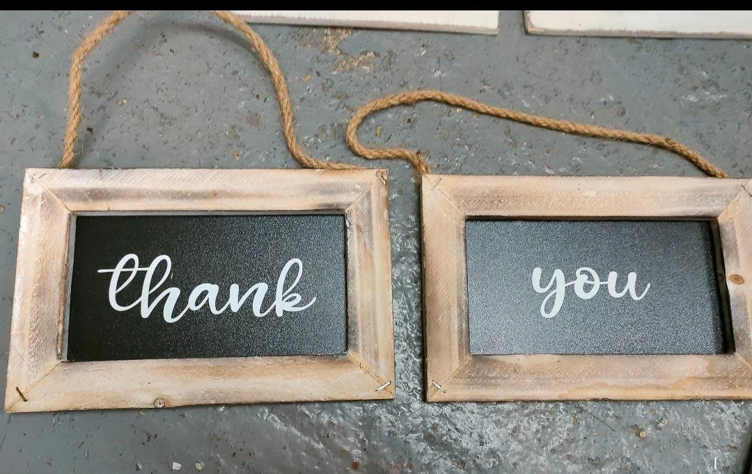 Wedding Thank You photo prop signs in white wooden, rustic chalkboard and rustic wooden styles