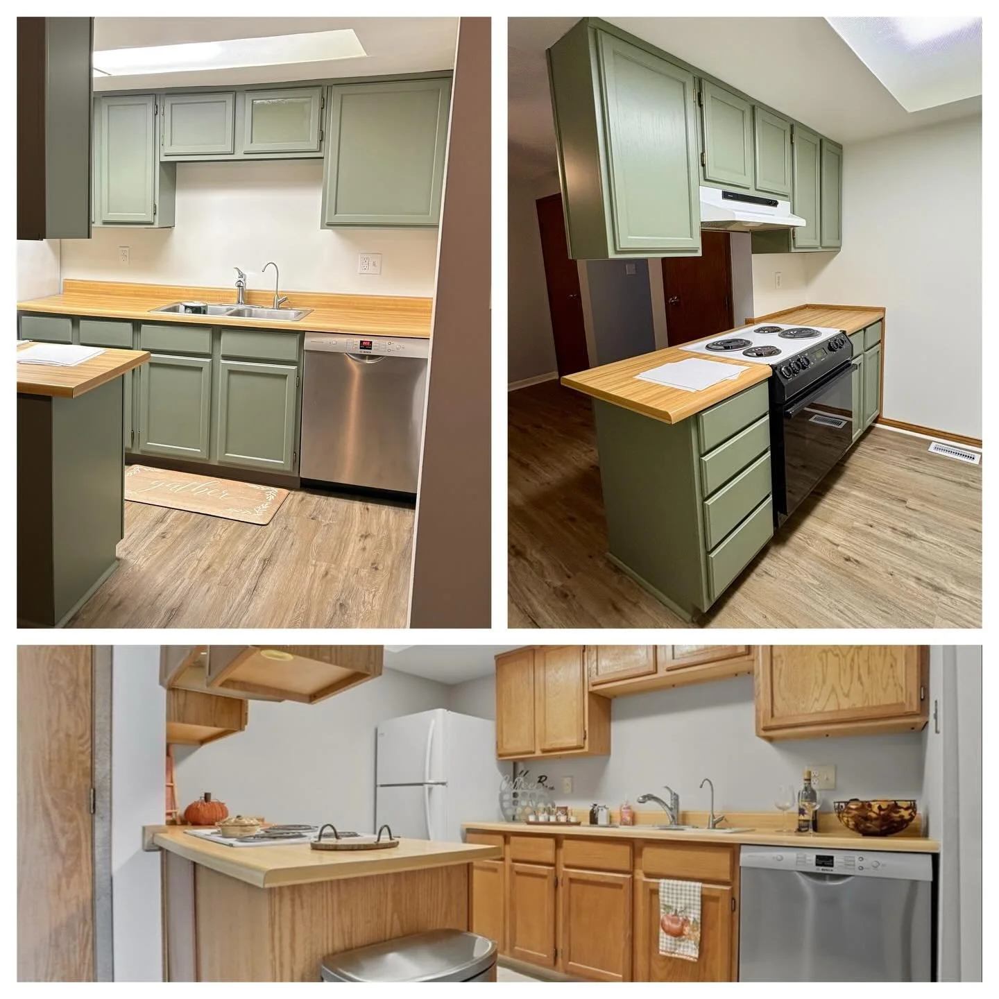 Old wood cabinets refinished! Valspar Warm Eucalyptus 8004-28F color used. Green is the new neutral and it's looking great here in this kitchen 😊