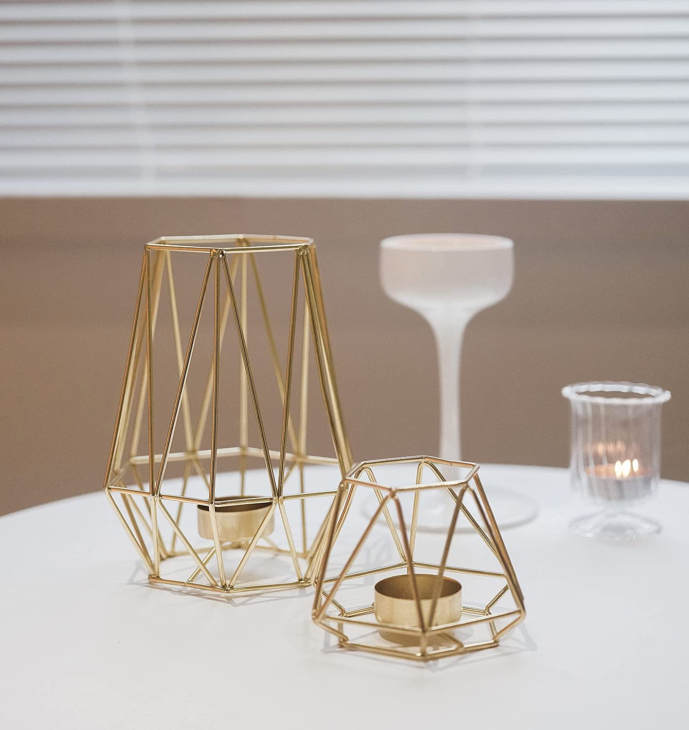 Set of 2 Gold Geometric Metal Tealight Candle Holders