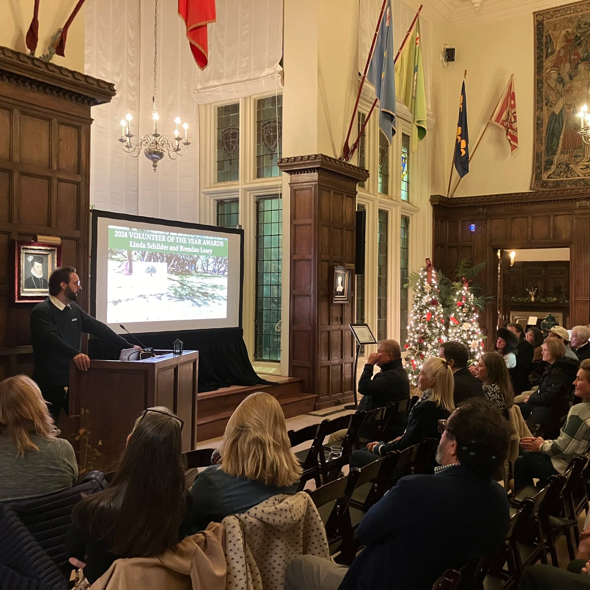 November - Annual meeting and volunteer appreciation event at Rough Point, with Jon Deitz presenting a volunteer of the year award to Brendan Leary.