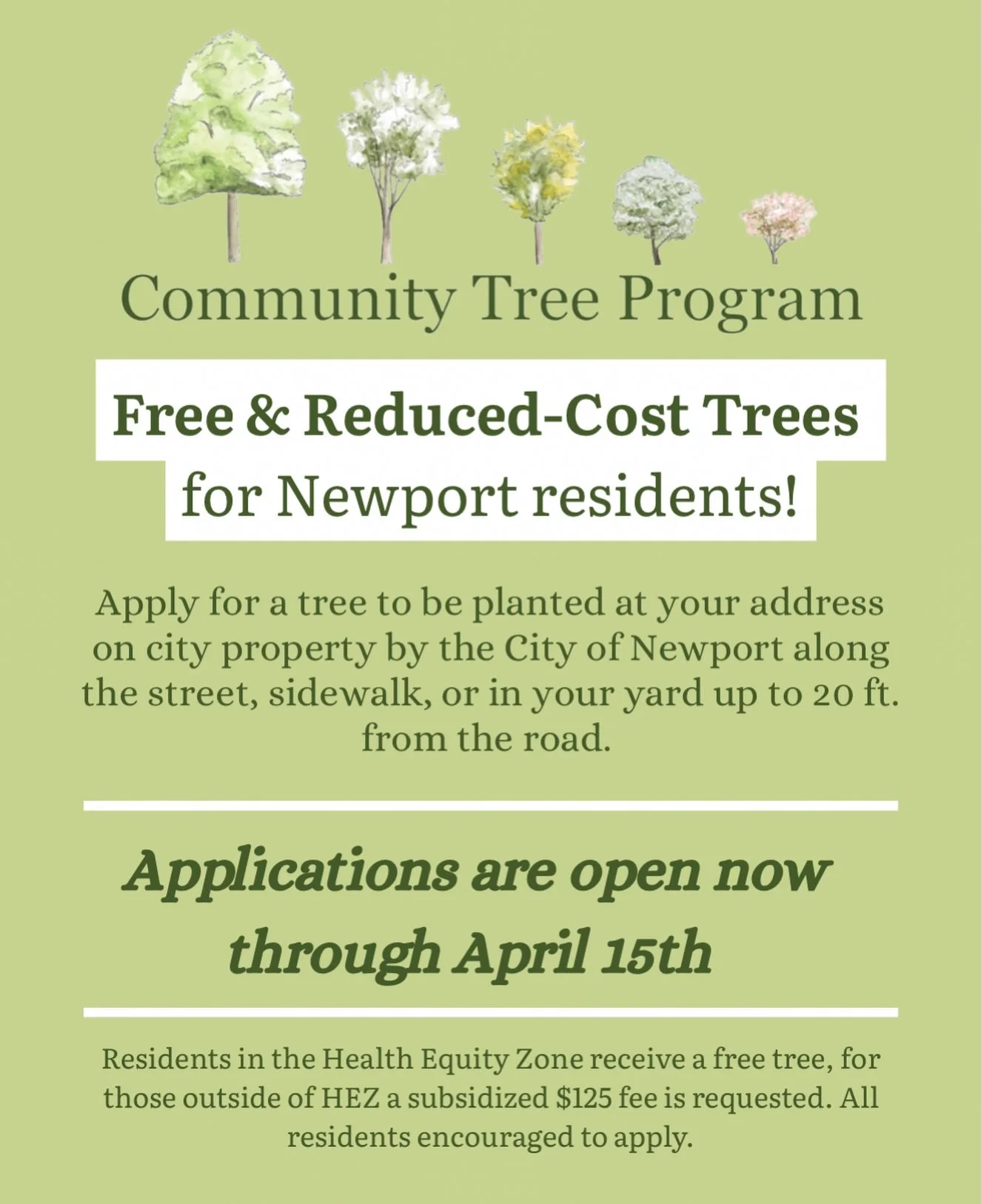 Community Tree Program applications are now open! 🌳🌱

Newport needs around 120 new trees annually to replace those lost to damage, decay, and disease. Help us keep Newport green by applying for a tree today!

Head over to our website to check out o