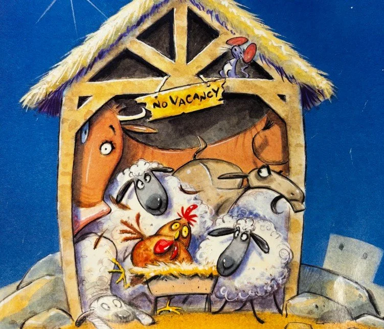 Sheep, Chicken Camel and cow cartoon in manger