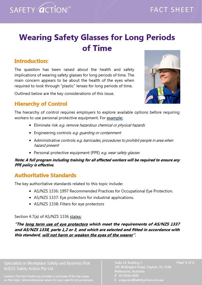 Fact Sheet Wearing Safety Glasses for Long Time — Safety Action