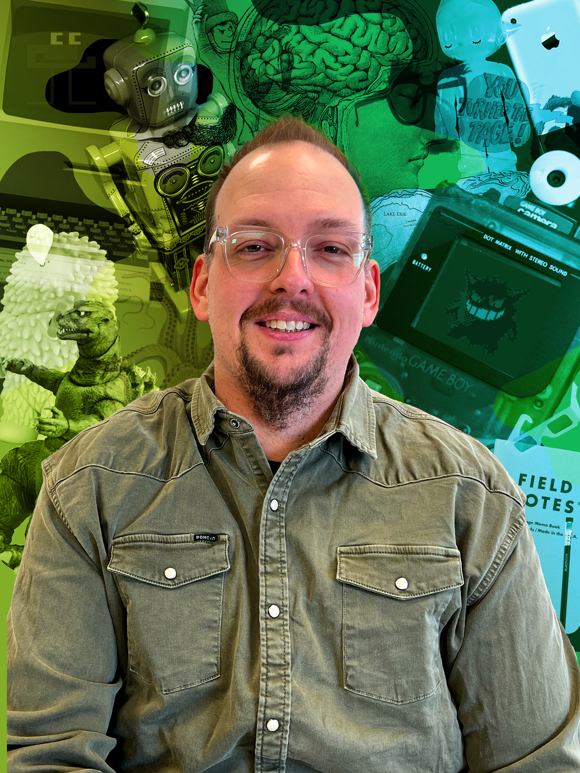 Photo of Gary Meaceher. College of his favorite things in the background (toys, games, drawings, tech, etc.)