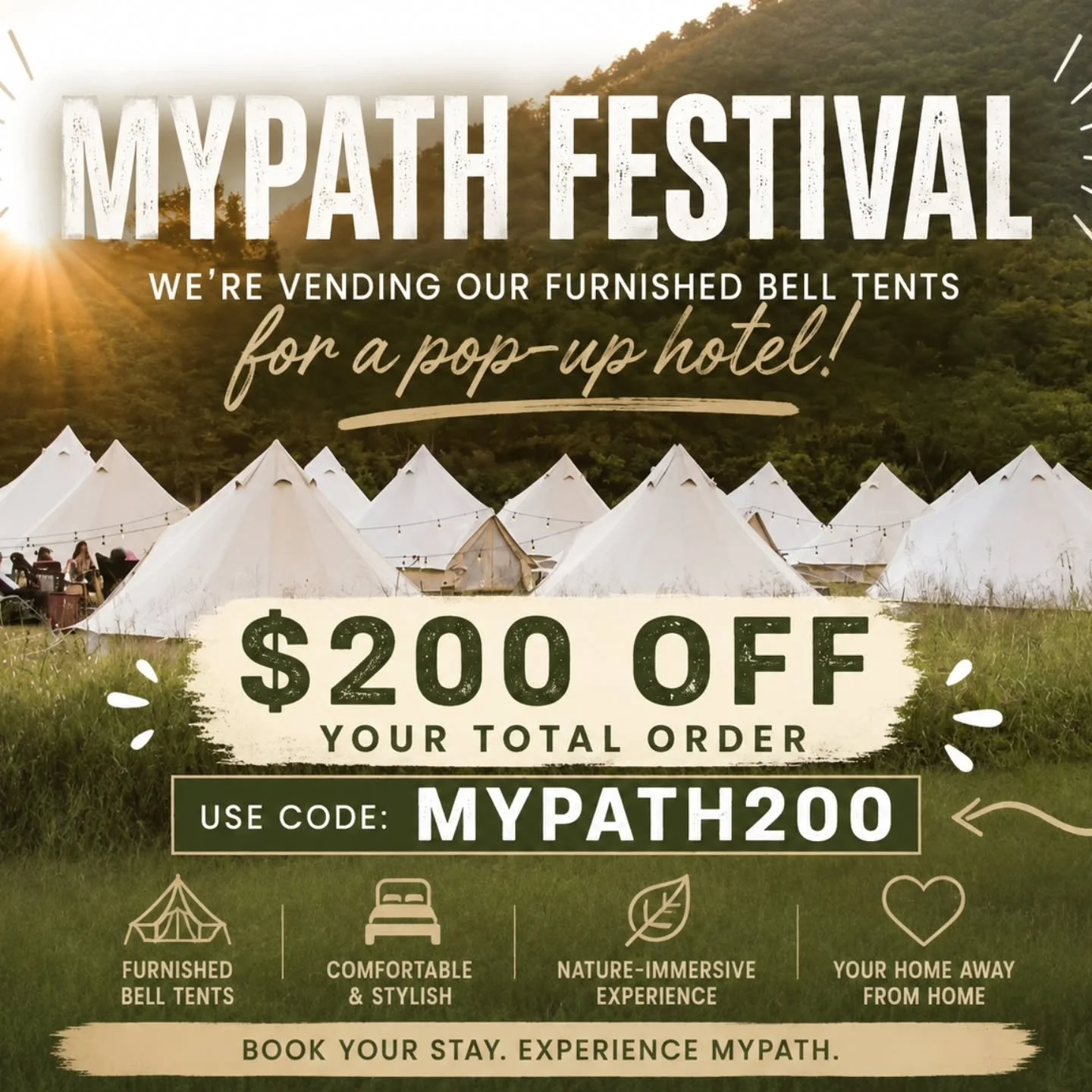 Happy FRIDAY!!📢📢 We've got a special promo that just went live for last minute bookings at @mypathfest next week!!! Inventory is limited so book yours today! ⛺️☮️✌️
.
.
.
#mypath2026 #terrapinhill #kyfestival #mypathky #glampingtent popupbnb