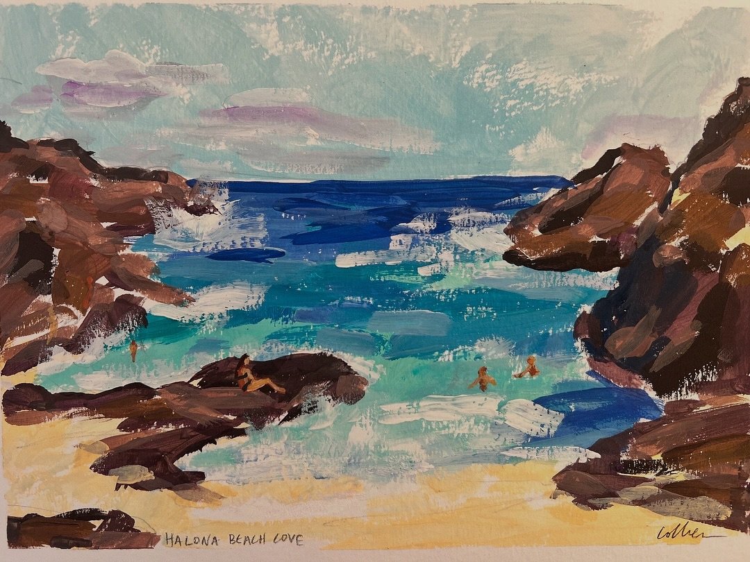 Halona Beach Cove, gouache on watercolor paper- Hawaii travel sketchbook 10&rdquo;x7&rdquo;.