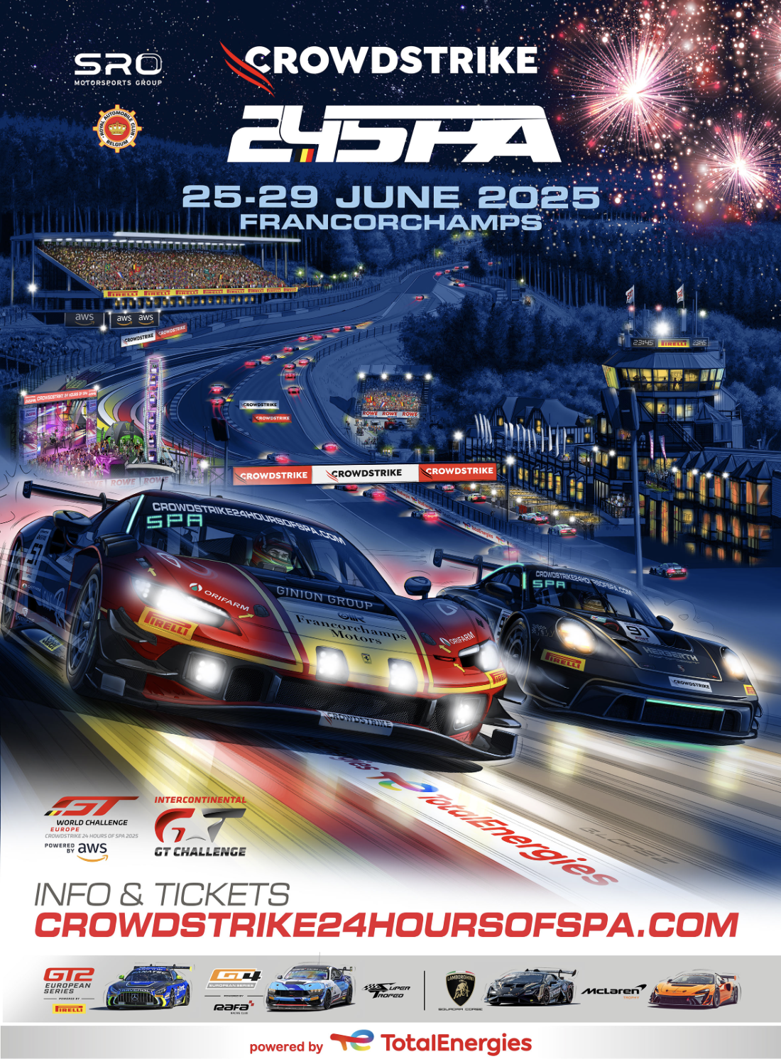 夜幕下的速度狂歡：CrowdStrike 24 Hours of Spa 第二款限量海報揭幕，法拉利與保時捷的史詩對決點燃賽道  