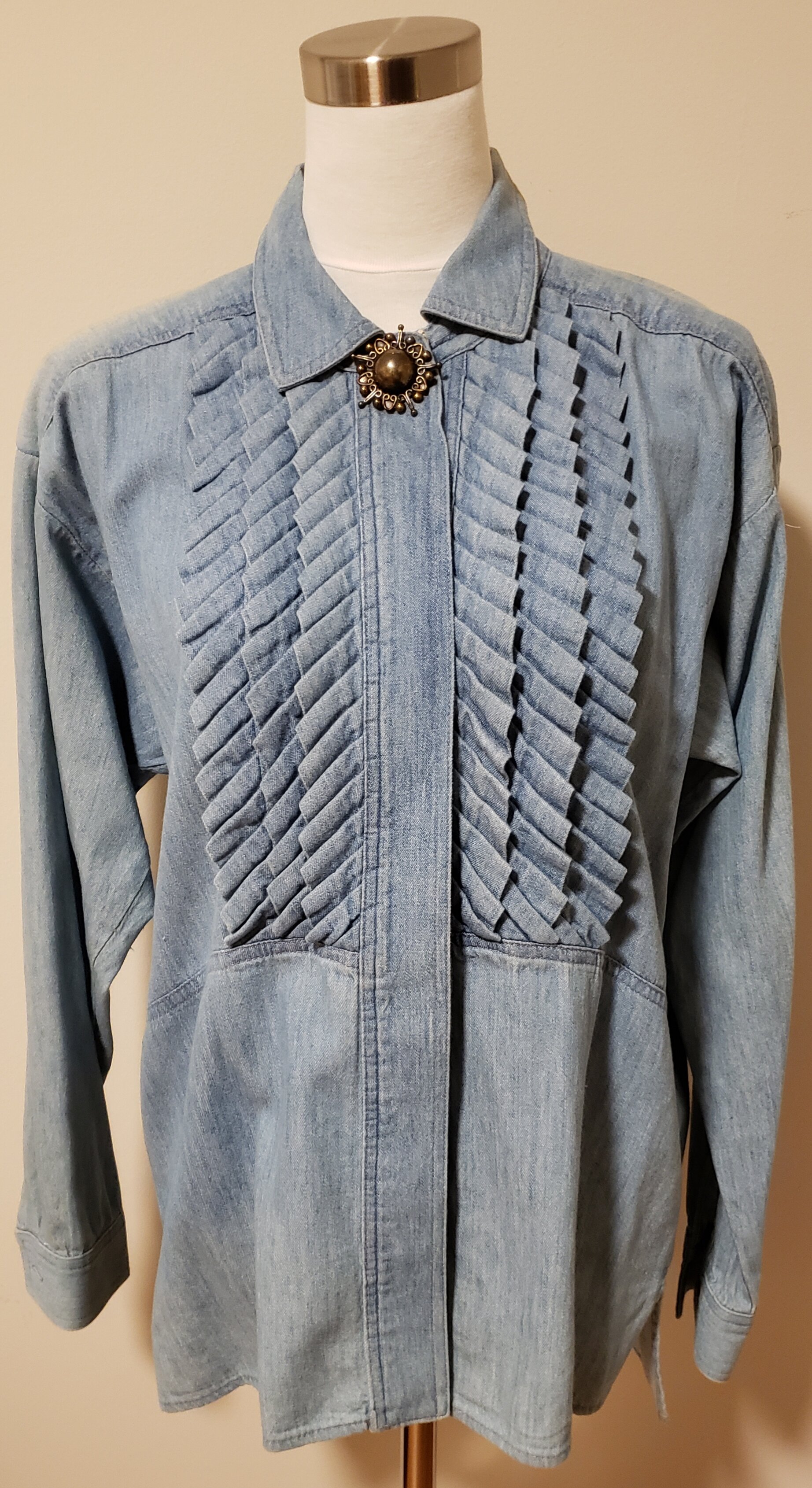 SOLD - Denim Blouse with Brooch