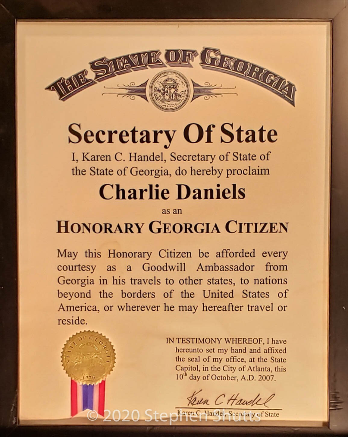 SOLD - Honorary Georgia Citizen Citation