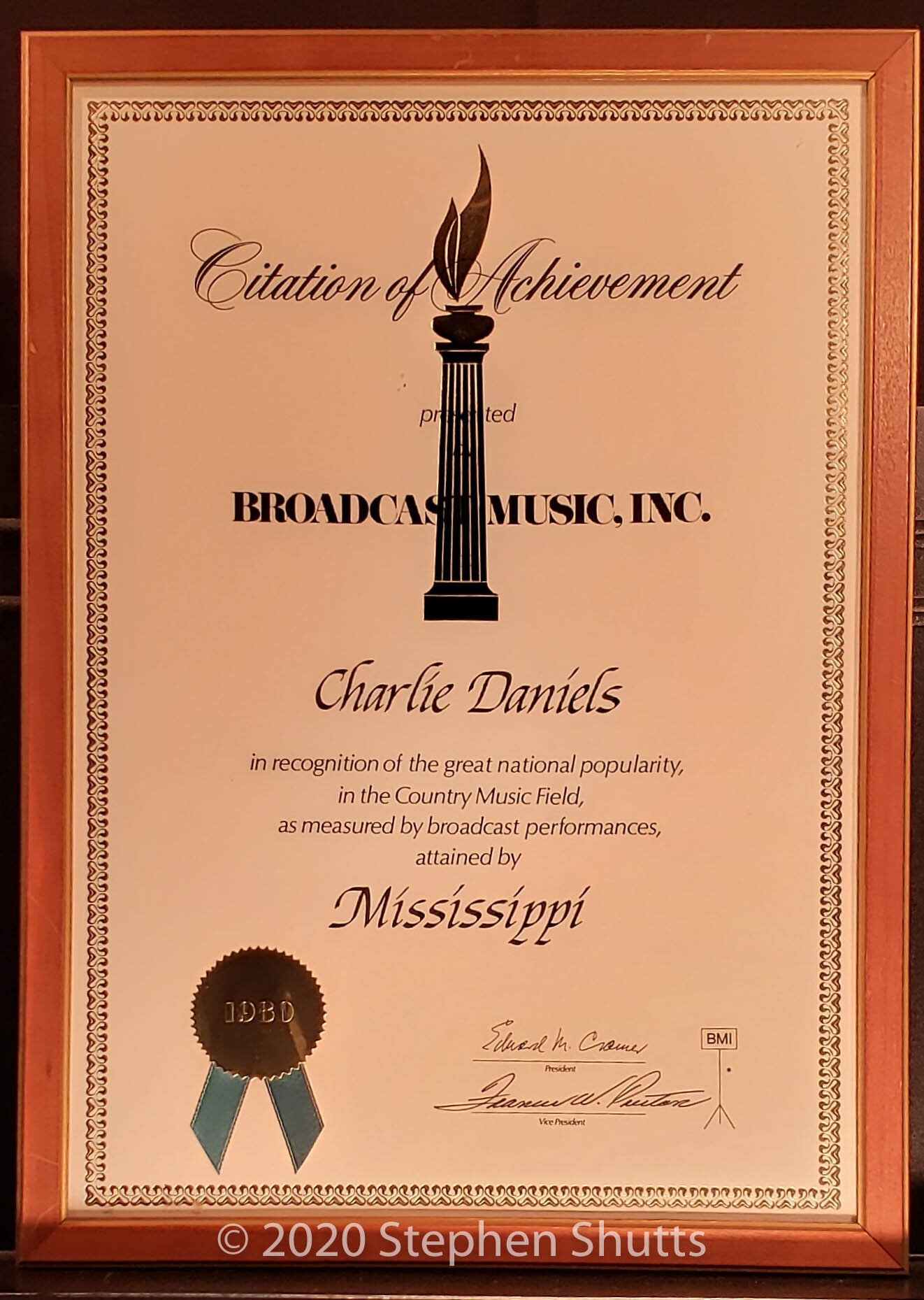 SOLD - BMI Citation of Achievement Award